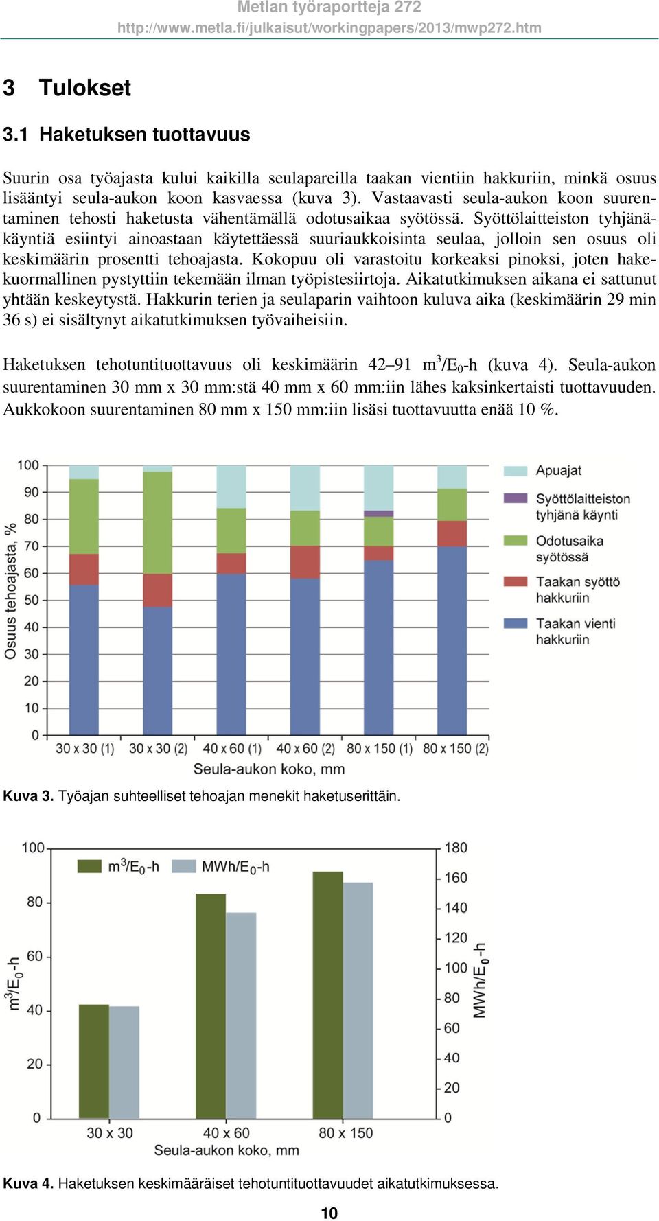 Syöttölaitteiston tyhjänäkäyntiä esiintyi ainoastaan käytettäessä suuriaukkoisinta seulaa, jolloin sen osuus oli keskimäärin prosentti tehoajasta.