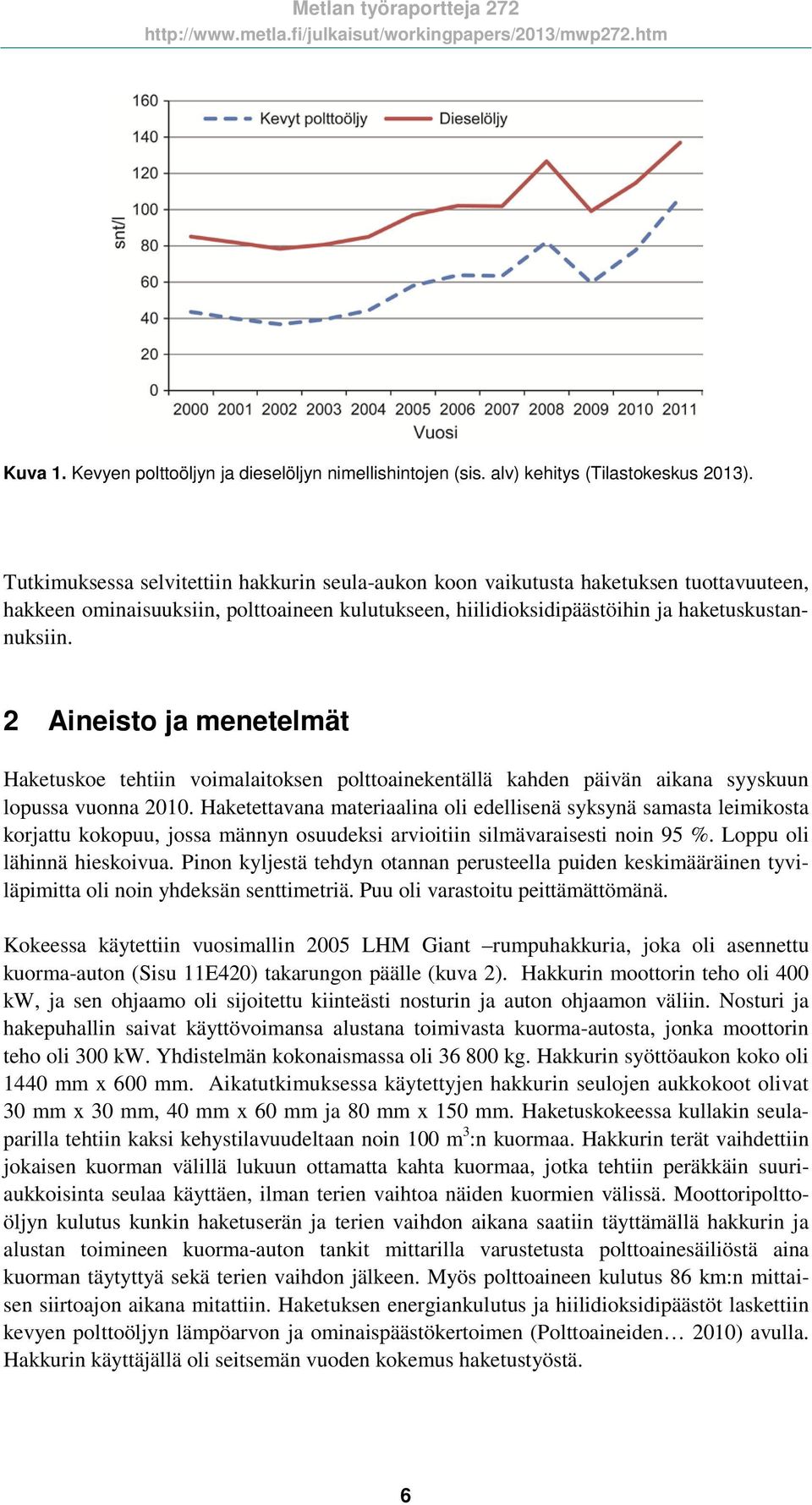 2 Aineisto ja menetelmät Haketuskoe tehtiin voimalaitoksen polttoainekentällä kahden päivän aikana syyskuun lopussa vuonna 2010.