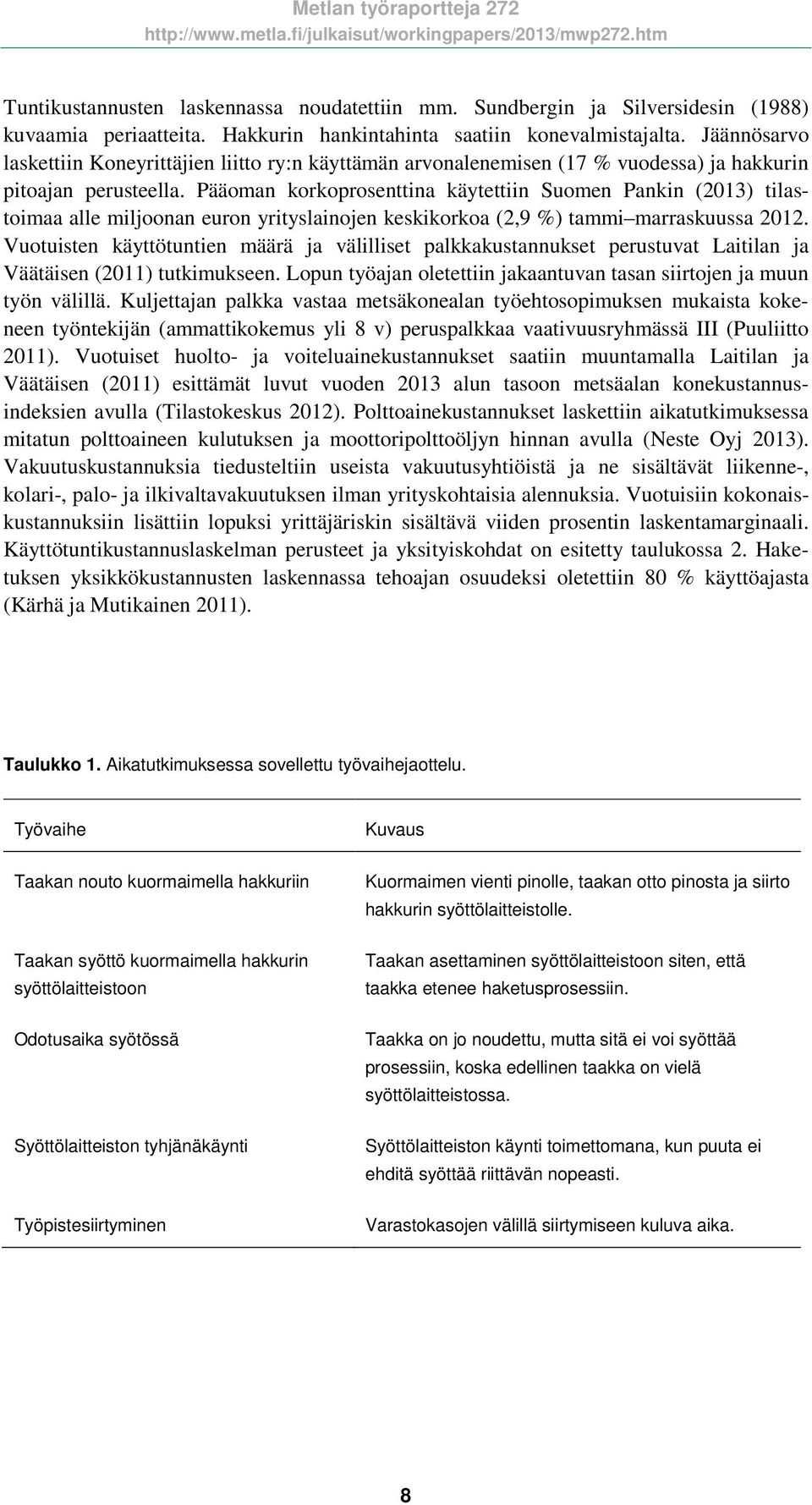 Pääoman korkoprosenttina käytettiin Suomen Pankin (2013) tilastoimaa alle miljoonan euron yrityslainojen keskikorkoa (2,9 %) tammi marraskuussa 2012.