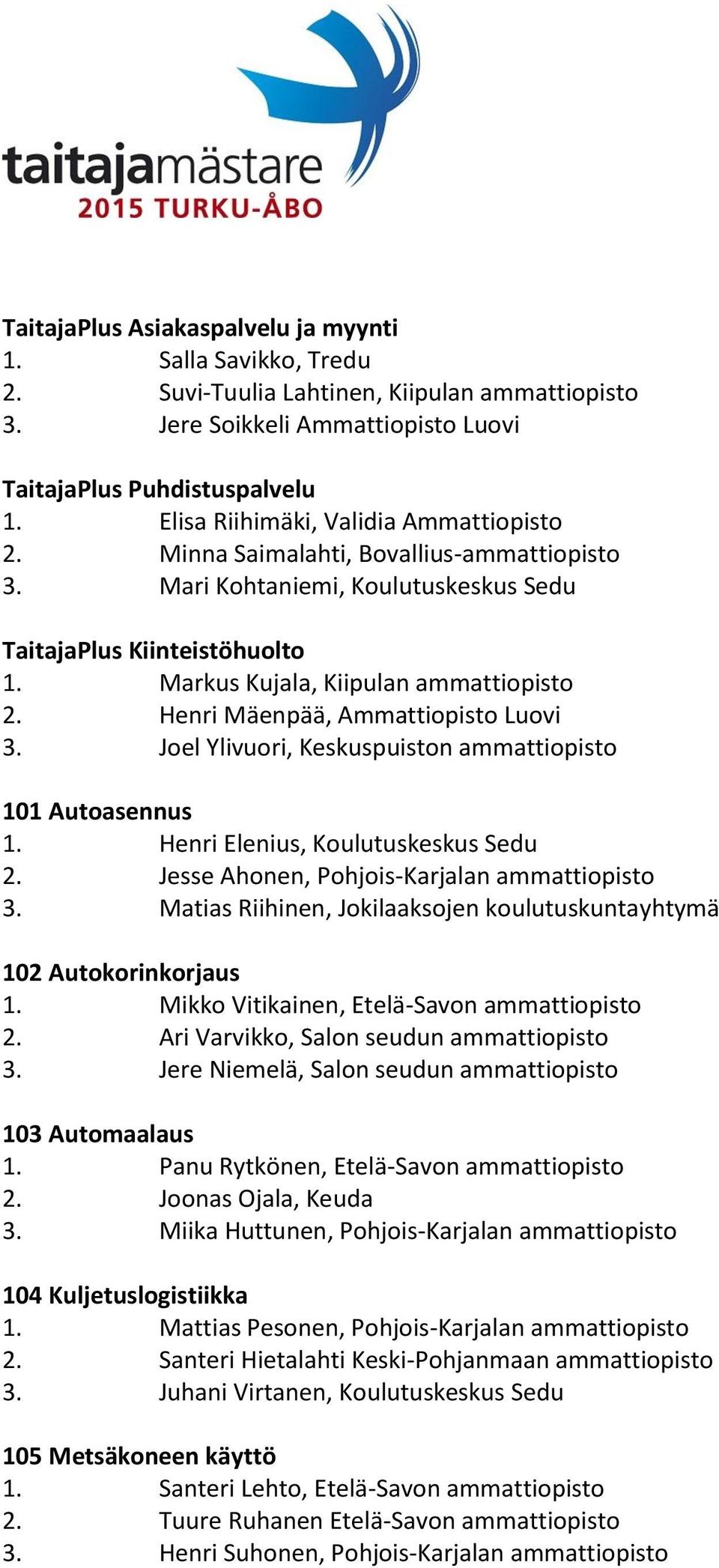 Henri Mäenpää, Ammattiopisto Luovi 3. Joel Ylivuori, Keskuspuiston ammattiopisto 101 Autoasennus 1. Henri Elenius, Koulutuskeskus Sedu 2. Jesse Ahonen, Pohjois-Karjalan ammattiopisto 3.