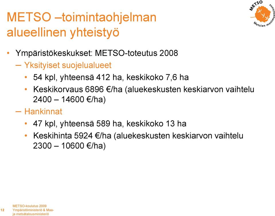 (aluekeskusten keskiarvon vaihtelu 2400 14600 /ha) Hankinnat 47 kpl, yhteensä 589