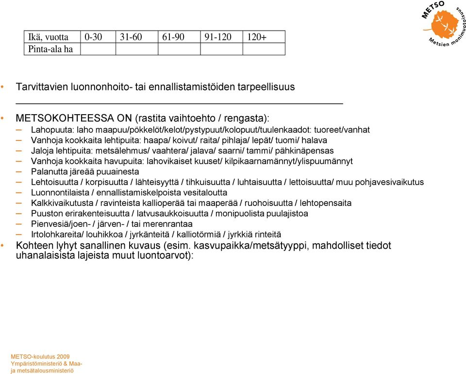 jalava/ saarni/ tammi/ pähkinäpensas Vanhoja kookkaita havupuita: lahovikaiset kuuset/ kilpikaarnamännyt/ylispuumännyt Palanutta järeää puuainesta Lehtoisuutta / korpisuutta / lähteisyyttä /