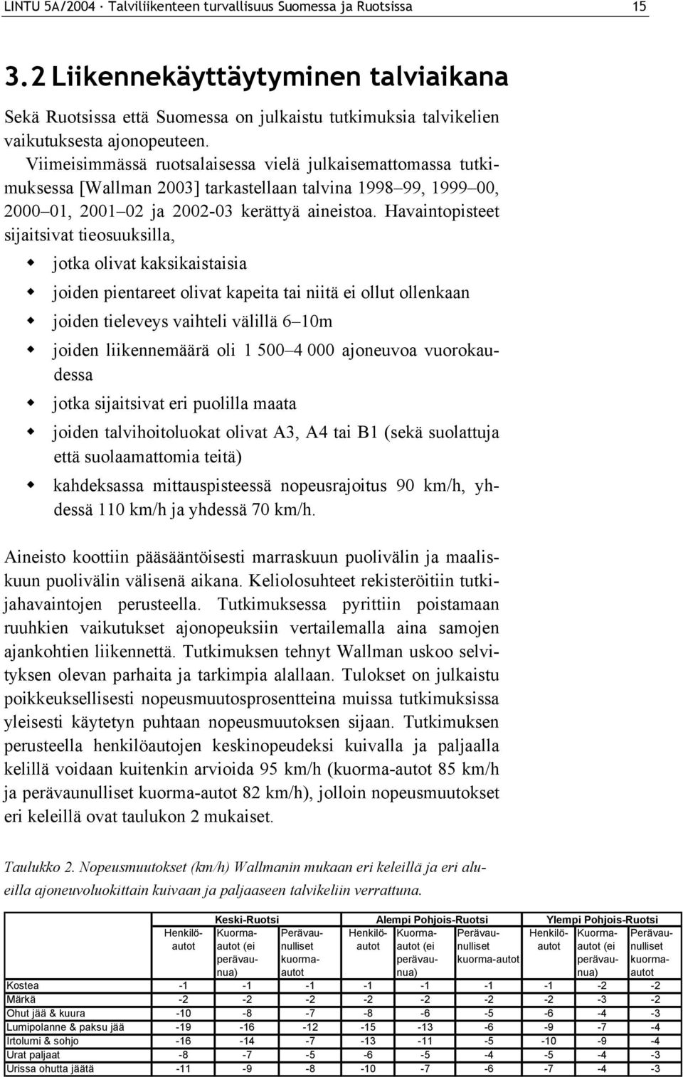 Havaintopisteet sijaitsivat tieosuuksilla, jotka olivat kaksikaistaisia joiden pientareet olivat kapeita tai niitä ei ollut ollenkaan joiden tieleveys vaihteli välillä 6 10m joiden liikennemäärä oli
