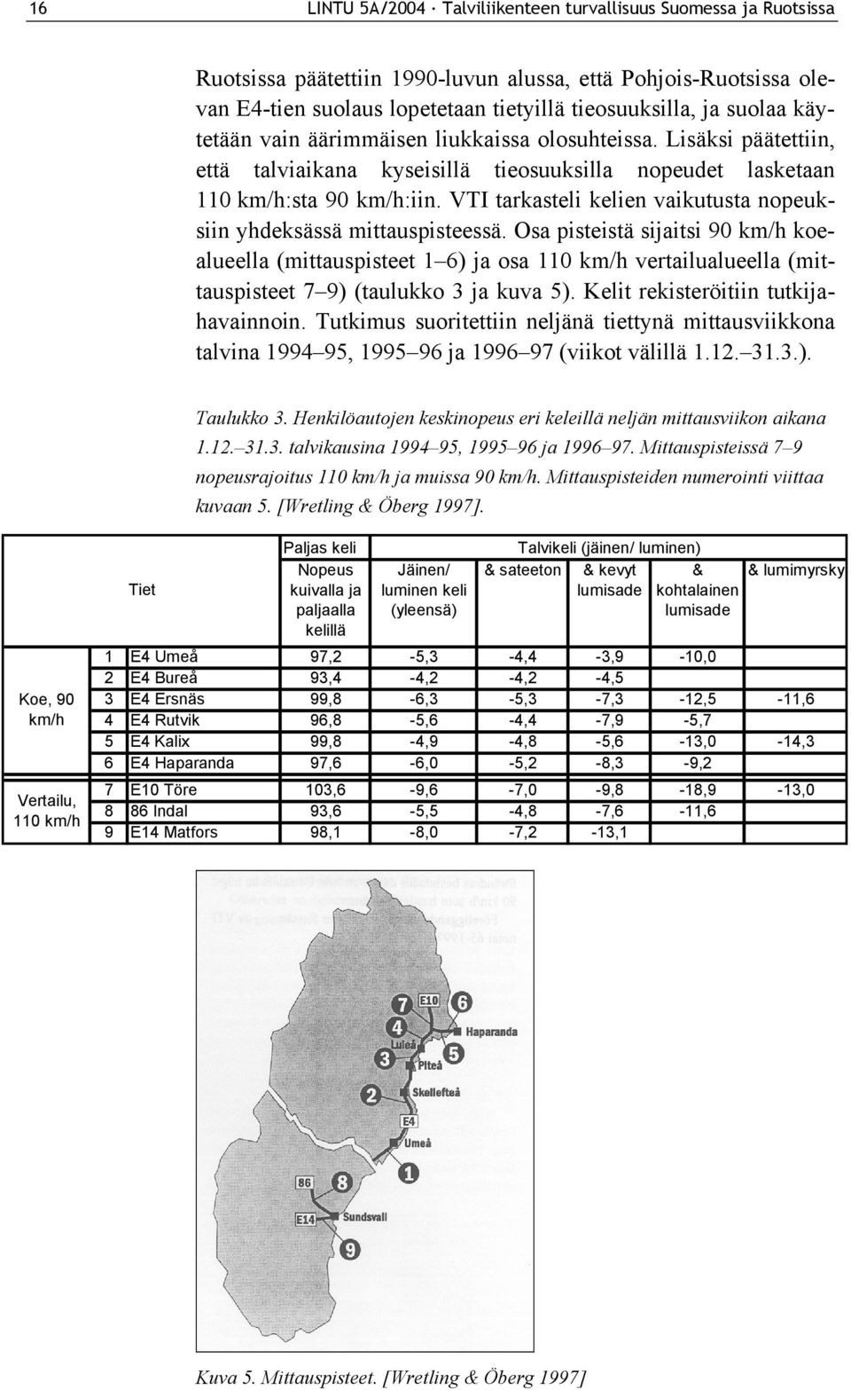 VTI tarkasteli kelien vaikutusta nopeuksiin yhdeksässä mittauspisteessä.