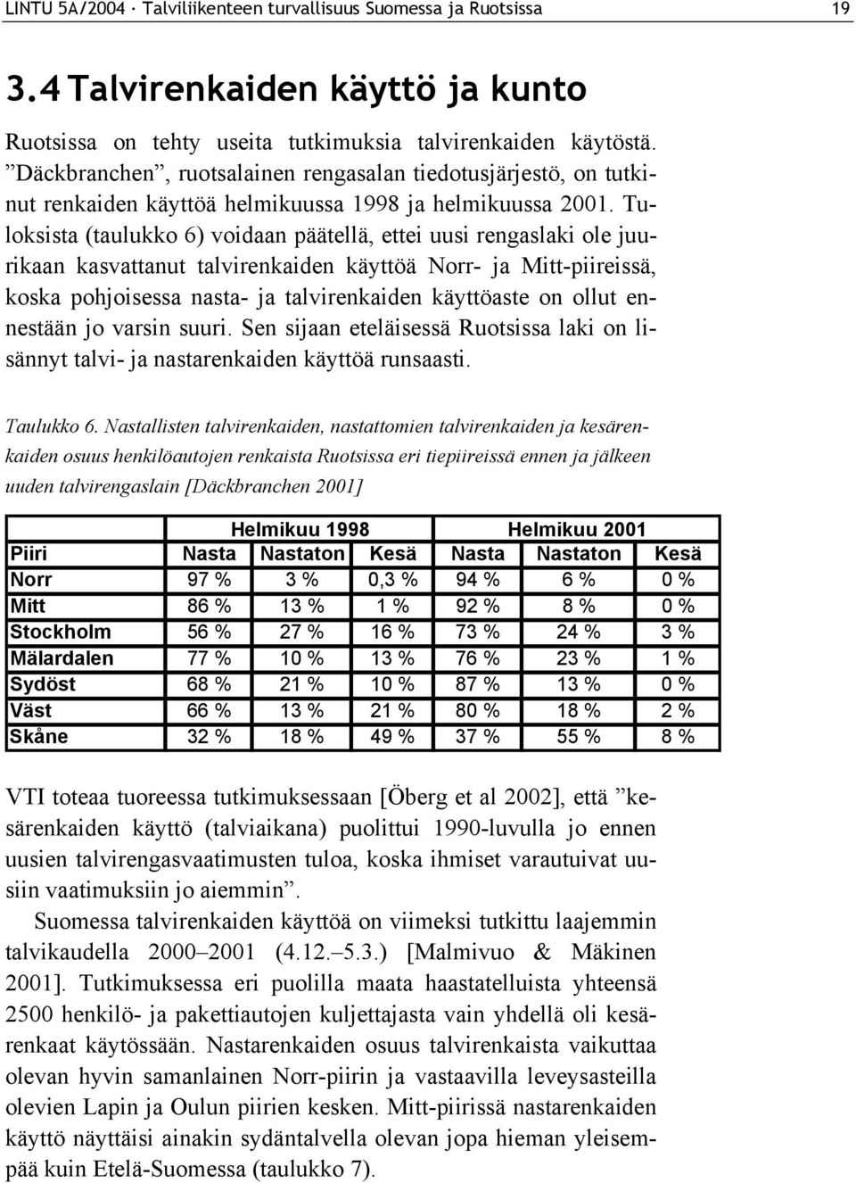 Tuloksista (taulukko 6) voidaan päätellä, ettei uusi rengaslaki ole juurikaan kasvattanut talvirenkaiden käyttöä Norr- ja Mitt-piireissä, koska pohjoisessa nasta- ja talvirenkaiden käyttöaste on