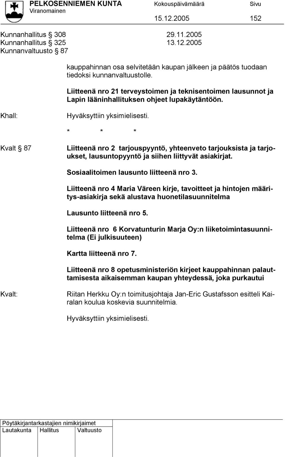 * * * Kvalt 87 Liitteenä nro 2 tarjouspyyntö, yhteenveto tarjouksista ja tarjoukset, lausuntopyyntö ja siihen liittyvät asiakirjat. Sosiaalitoimen lausunto liitteenä nro 3.
