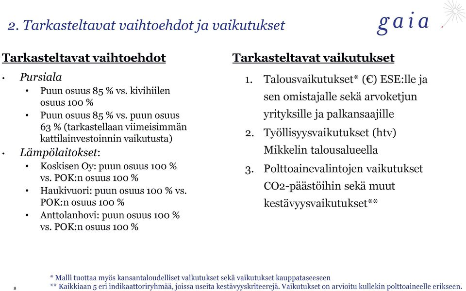 POK:n osuus 100 % Anttolanhovi: puun osuus 100 % vs. POK:n osuus 100 % Tarkasteltavat vaikutukset 1. Talousvaikutukset* ( ) ESE:lle ja sen omistajalle sekä arvoketjun yrityksille ja palkansaajille 2.