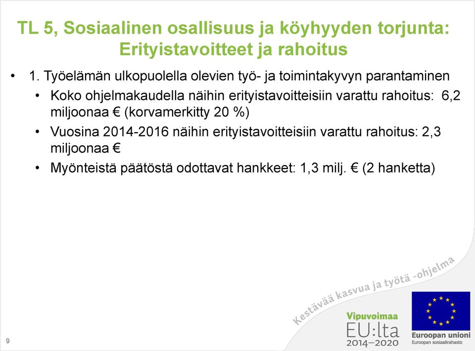 erityistavoitteisiin varattu rahoitus: 6,2 miljoonaa (korvamerkitty 20 %) Vuosina 2014-2016 näihin