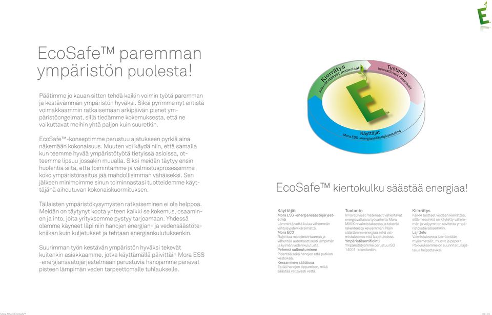 EcoSafe -konseptimme perustuu ajatukseen pyrkiä aina näkemään kokonaisuus. Muuten voi käydä niin, että samalla kun teemme hyvää ympäristötyötä tietyissä asioissa, otteemme lipsuu jossakin muualla.