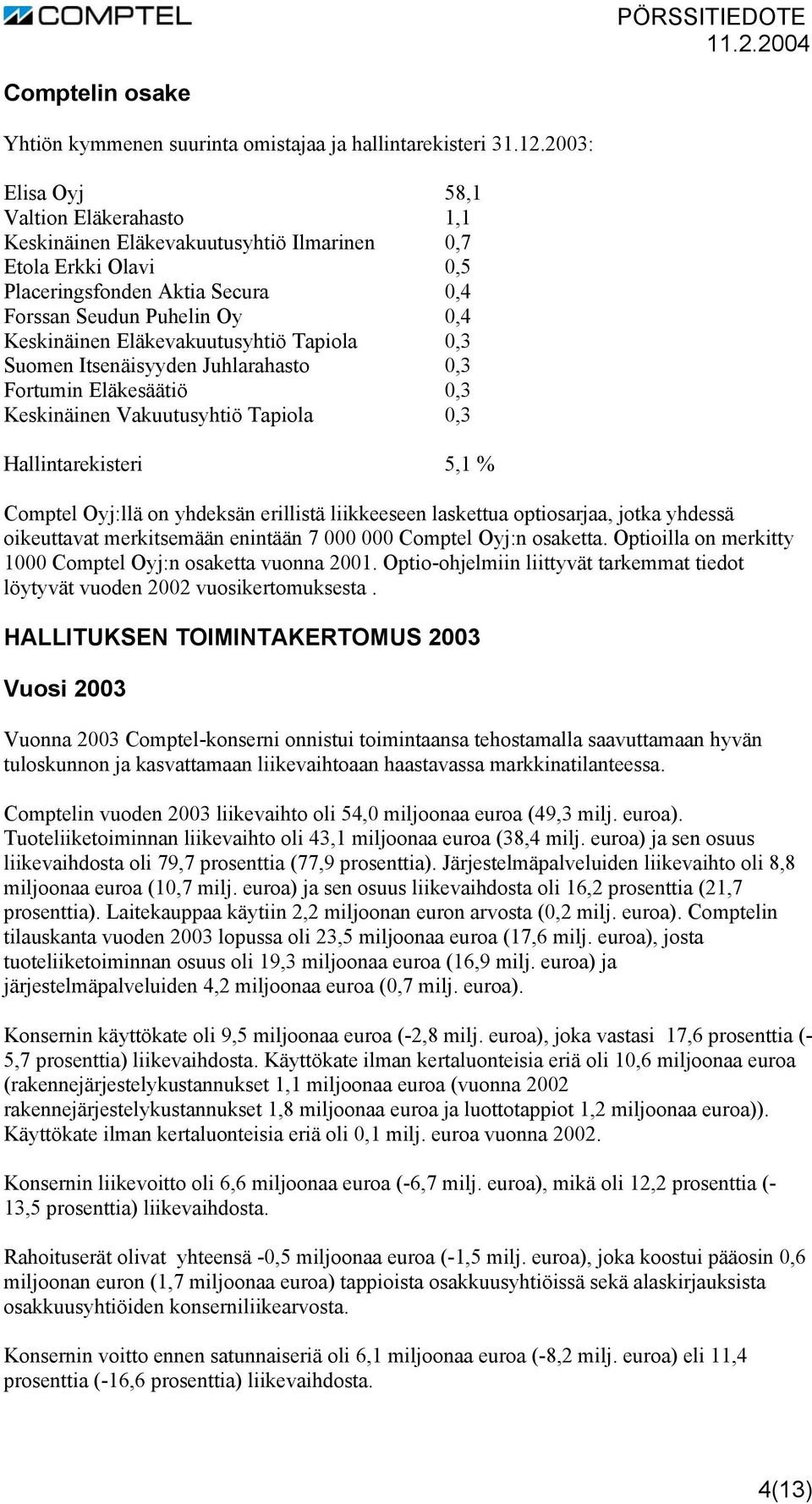 Eläkevakuutusyhtiö Tapiola 0,3 Suomen Itsenäisyyden Juhlarahasto 0,3 Fortumin Eläkesäätiö 0,3 Keskinäinen Vakuutusyhtiö Tapiola 0,3 Hallintarekisteri 5,1 % Comptel Oyj:llä on yhdeksän erillistä