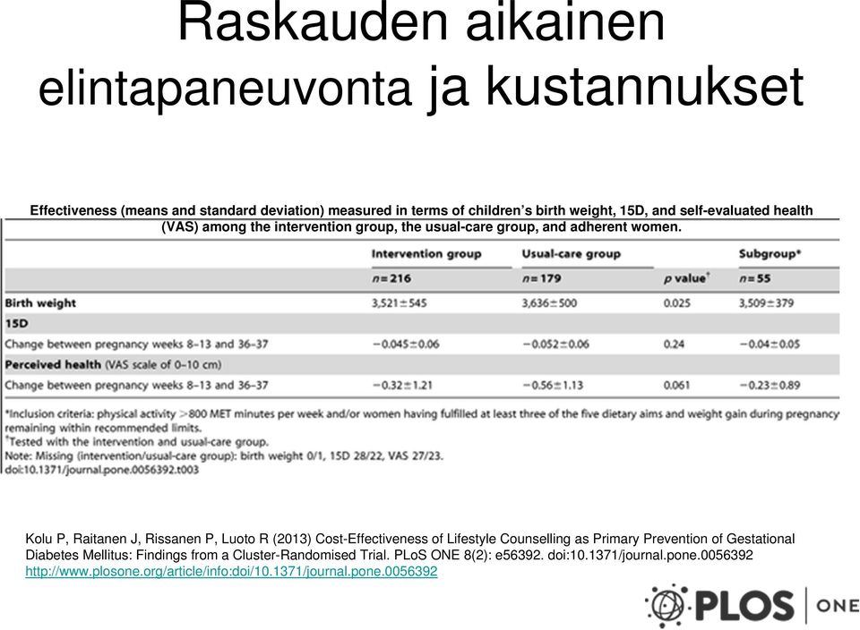 Kolu P, Raitanen J, Rissanen P, Luoto R (2013) Cost-Effectiveness of Lifestyle Counselling as Primary Prevention of Gestational Diabetes