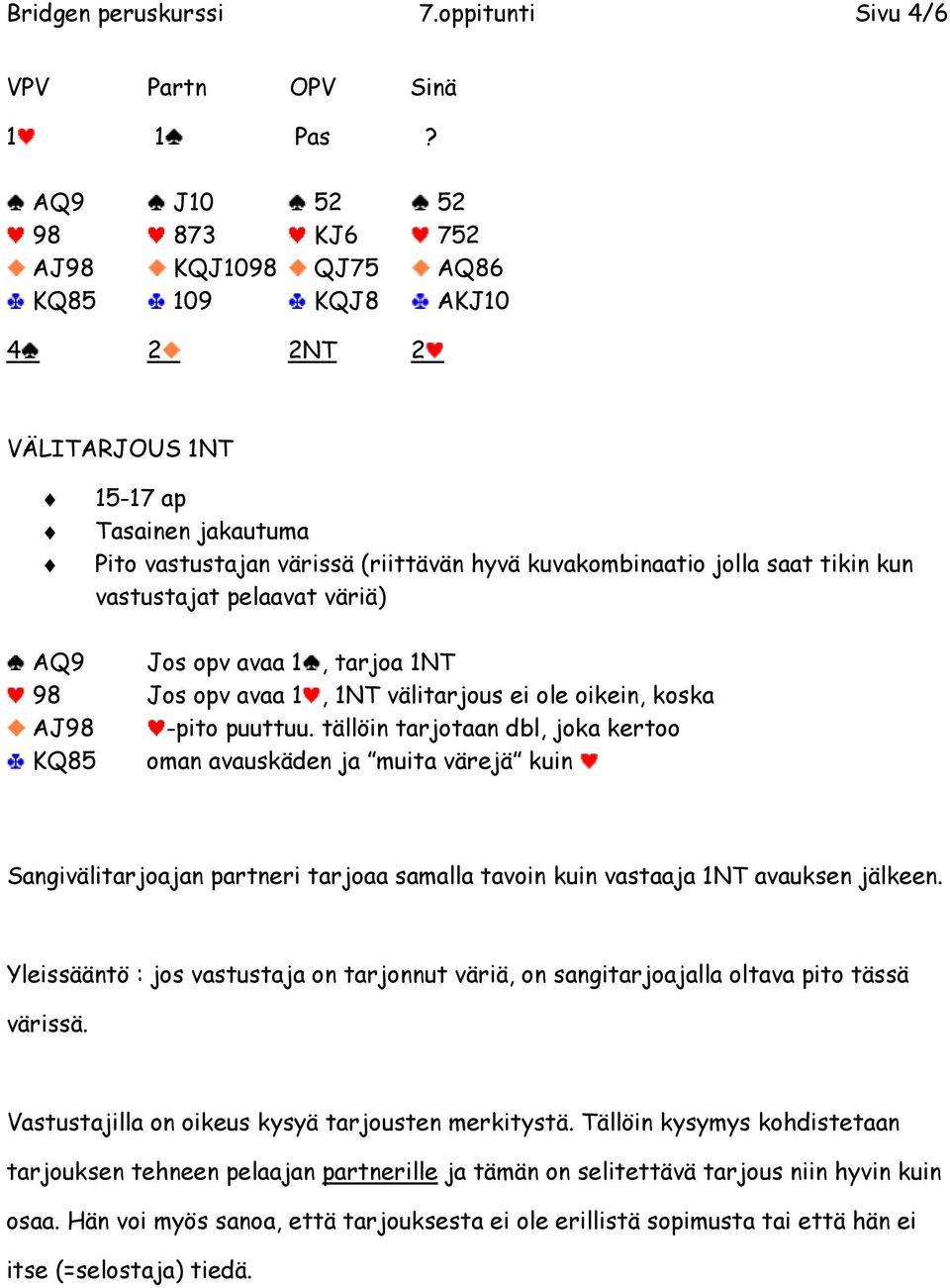 kun vastustajat pelaavat väriä) AQ9 Jos opv avaa 1, tarjoa 1NT 98 Jos opv avaa 1, 1NT välitarjous ei ole oikein, koska AJ98 -pito puuttuu.
