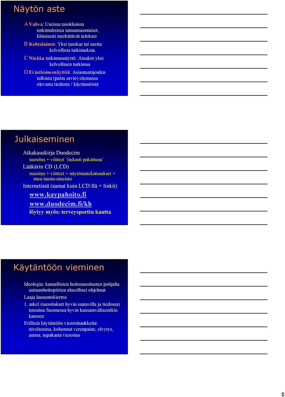 suositus + viitteet tiukasti pakattuna Lääkärin CD (LCD) suositus + viitteet + näytönastekatsaukset + muu tausta-aineisto Internetissä (samat kuin LCD:llä + linkit) www.kaypahoito.fi www.duodecim.