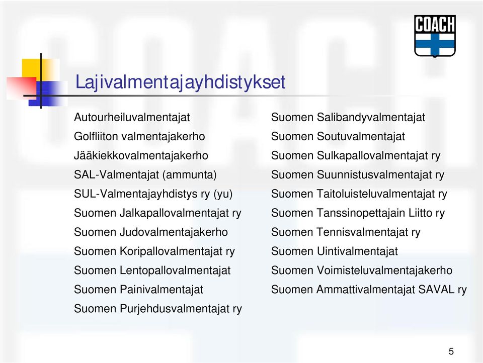 Purjehdusvalmentajat ry Suomen Salibandyvalmentajat Suomen Soutuvalmentajat Suomen Sulkapallovalmentajat ry Suomen Suunnistusvalmentajat ry Suomen