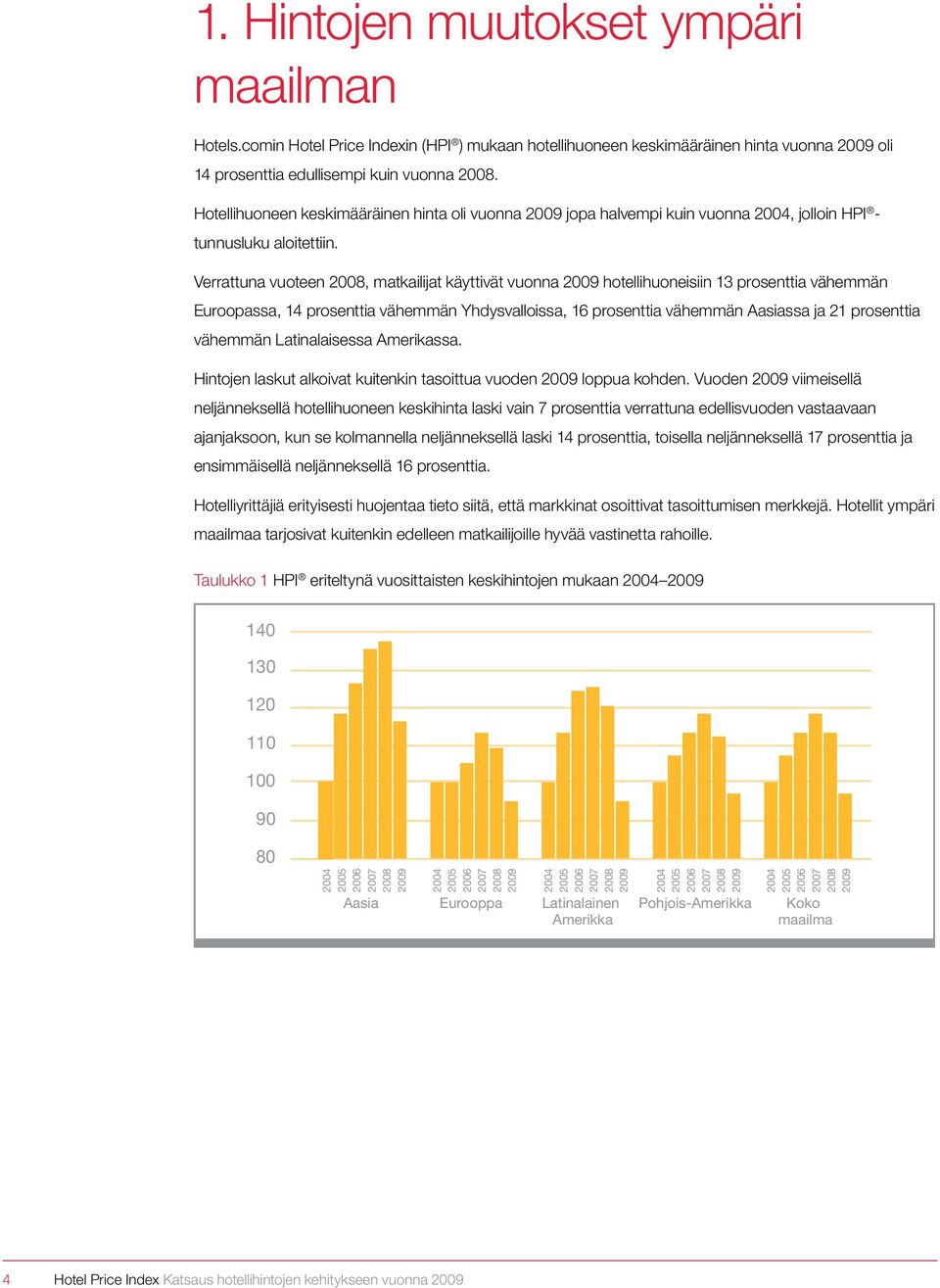 Verrattuna vuoteen 2008, matkailijat käyttivät vuonna 2009 hotellihuoneisiin 13 prosenttia vähemmän Euroopassa, 14 prosenttia vähemmän Yhdysvalloissa, 16 prosenttia vähemmän Aasiassa ja 21 prosenttia