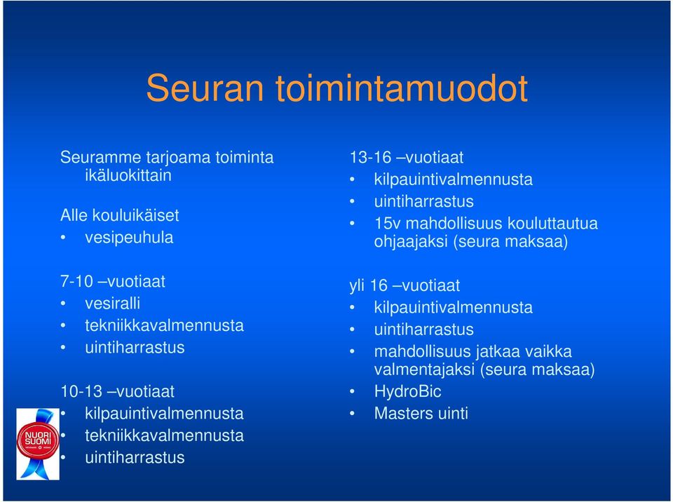 vuotiaat kilpauintivalmennusta uintiharrastus 15v mahdollisuus kouluttautua ohjaajaksi (seura maksaa) yli 16