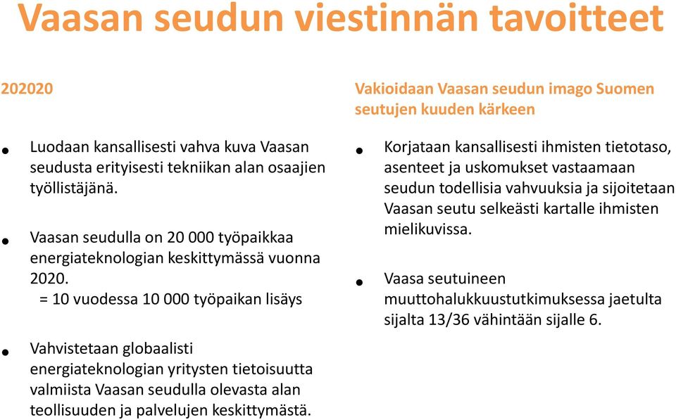 = 10 vuodessa 10 000 työpaikan lisäys Vahvistetaan globaalisti energiateknologian yritysten tietoisuutta valmiista Vaasan seudulla olevasta alan teollisuuden ja palvelujen keskittymästä.