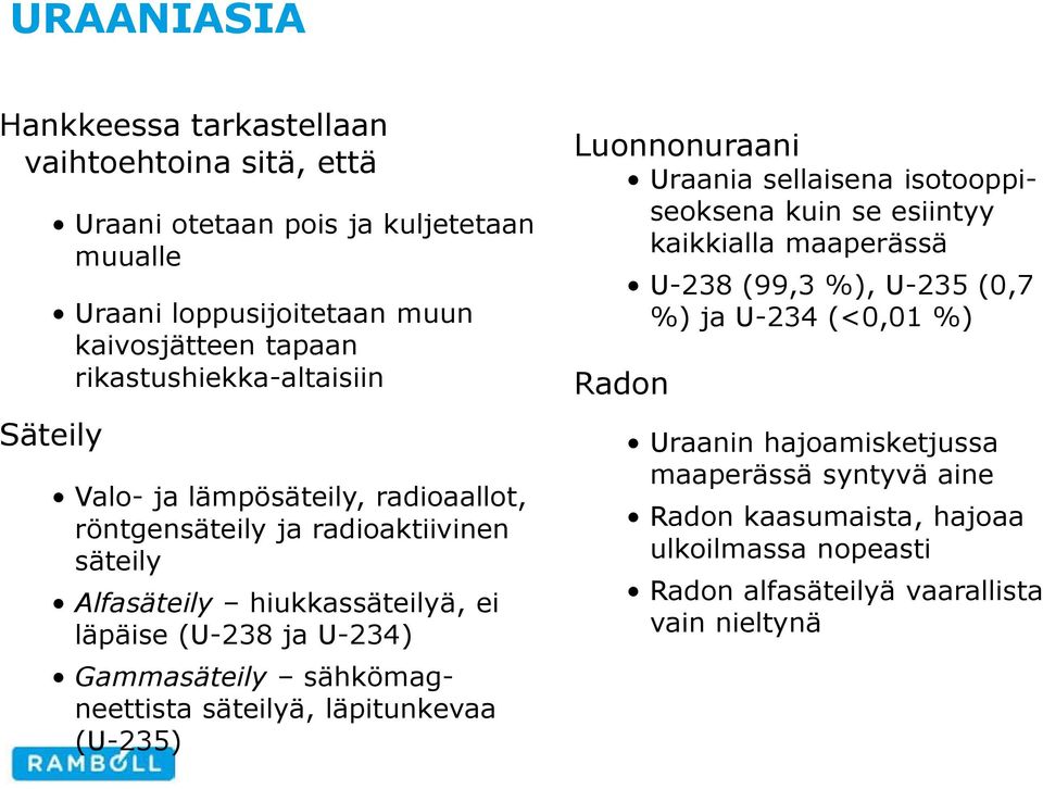 Gammasäteily sähkömagneettista säteilyä, läpitunkevaa (U-235) Luonnonuraani Uraania sellaisena isotooppiseoksena kuin se esiintyy kaikkialla maaperässä Radon U-238