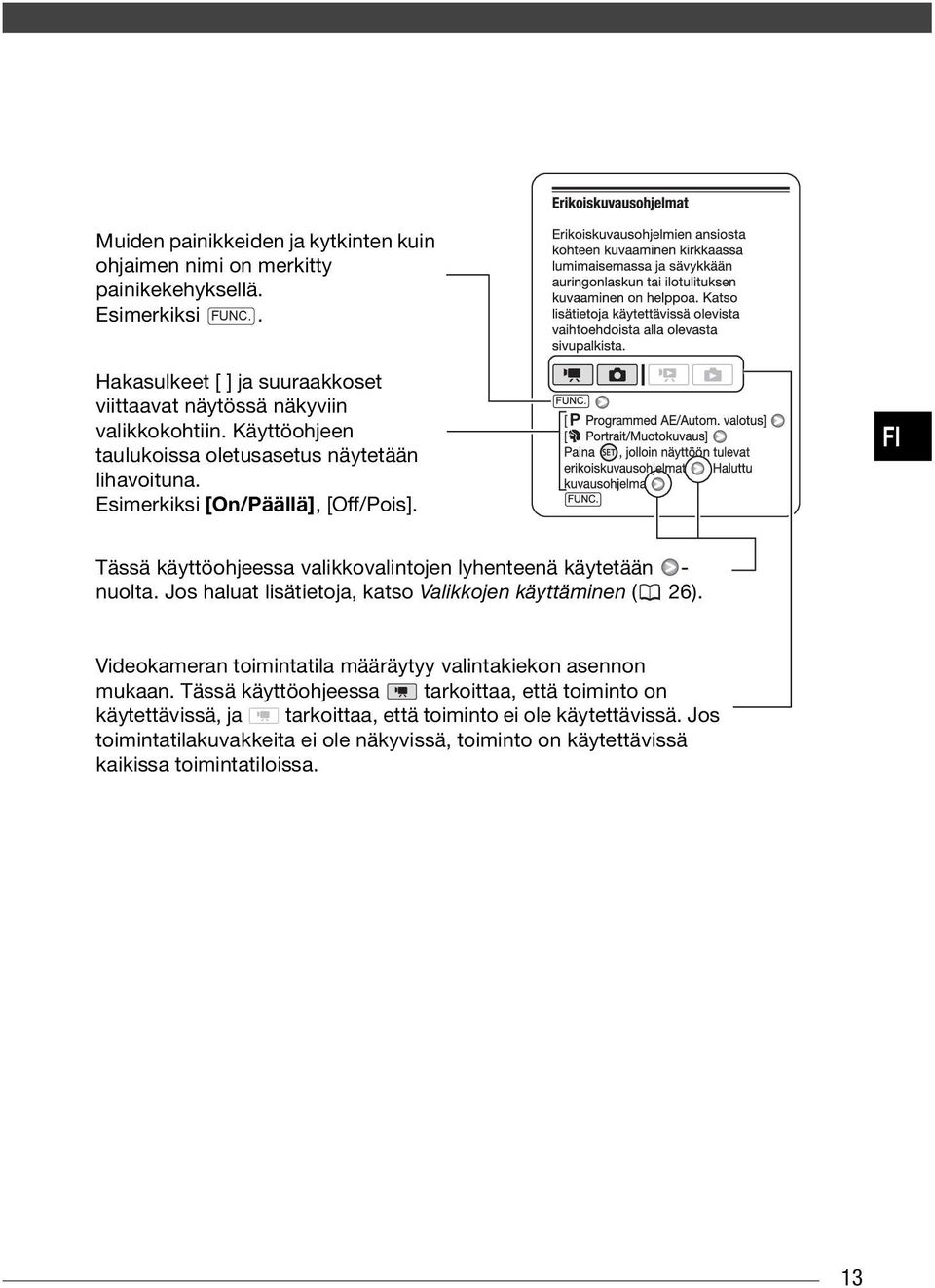 Esimerkiksi [On/Päällä], [Off/Pois]. FI Tässä käyttöohjeessa valikkovalintojen lyhenteenä käytetään - nuolta. Jos haluat lisätietoja, katso Valikkojen käyttäminen ( 26).
