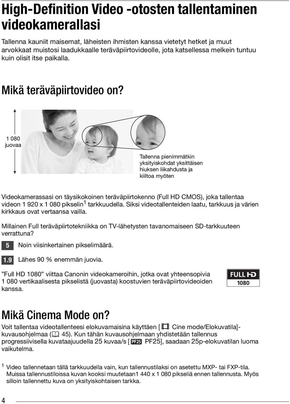 1 080 juovaa Tallenna pienimmätkin yksityiskohdat yksittäisen hiuksen liikahdusta ja kiiltoa myöten Videokamerassasi on täysikokoinen teräväpiirtokenno (Full HD CMOS), joka tallentaa videon 1 920 x 1