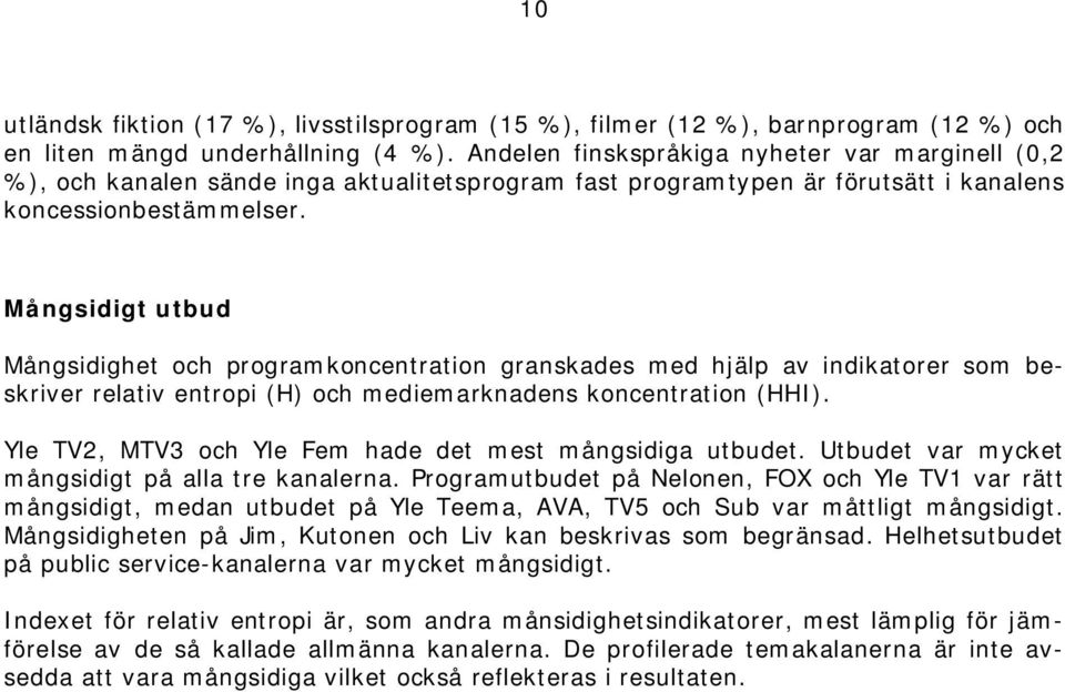 Mångsidigt utbud Mångsidighet och programkoncentration granskades med hjälp av indikatorer som beskriver relativ entropi (H) och mediemarknadens koncentration (HHI).