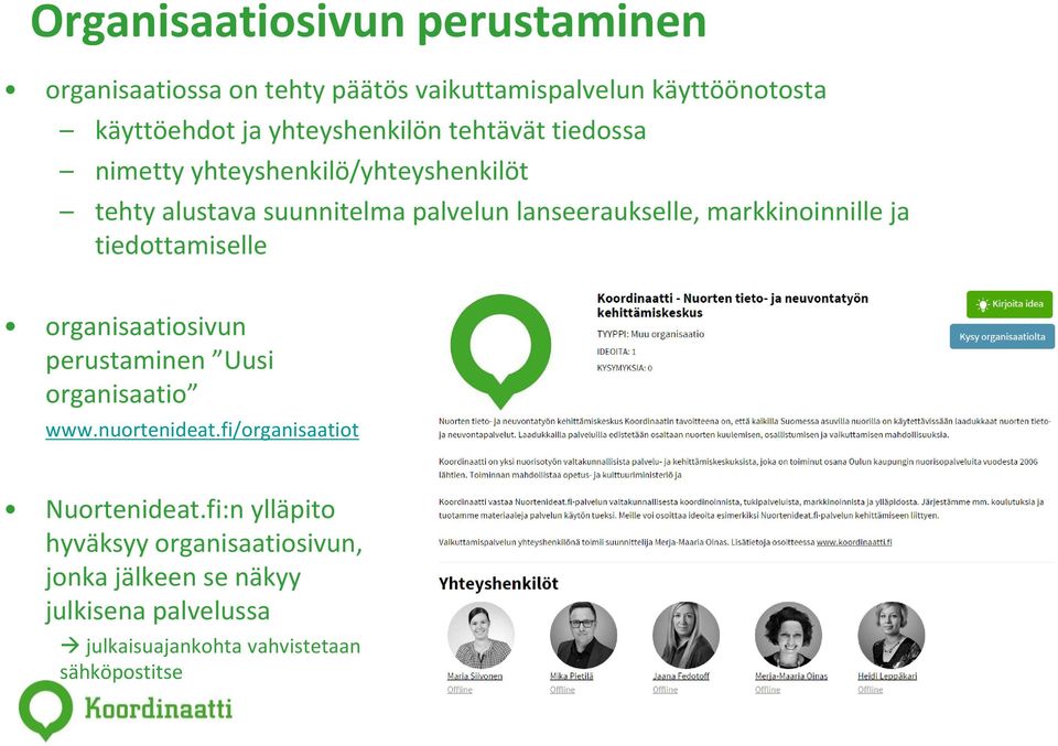 markkinoinnille ja tiedottamiselle organisaatiosivun perustaminen Uusi organisaatio www.nuortenideat.