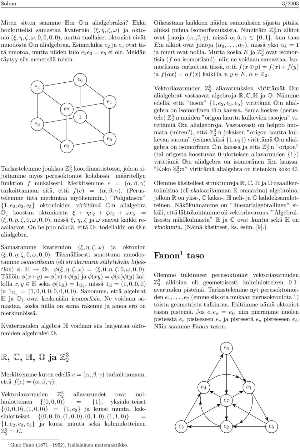 e 4 e 3 e 7 1 e 2 Tarkastelemme joukkoa Z 3 2 koordinaatistossa, johon sijoitamme myös perusoktoniot kohdassa määritellyn funktion f mukaisesti.