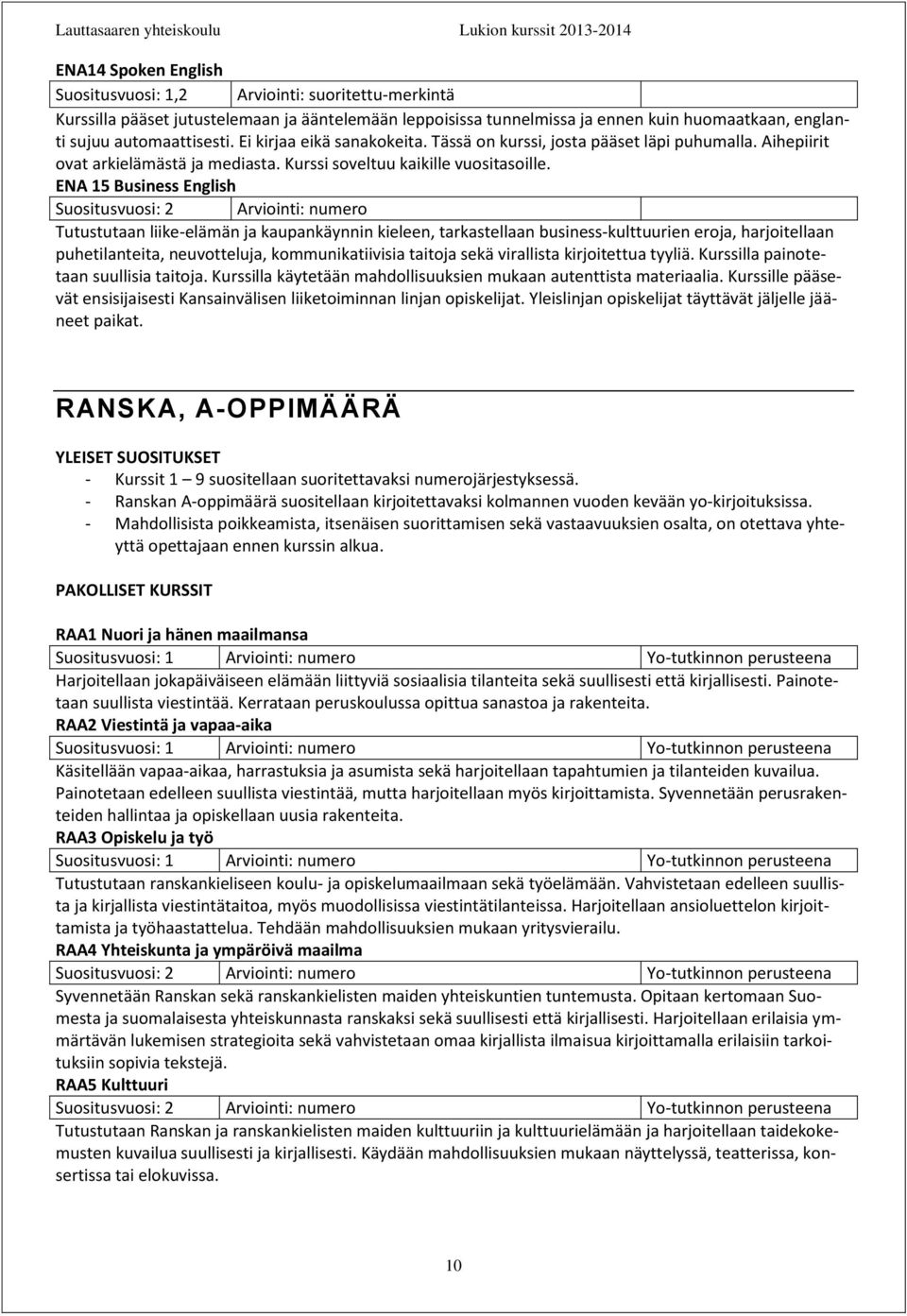 ENA 15 Business English Suositusvuosi: 2 Arviointi: numero Tutustutaan liike-elämän ja kaupankäynnin kieleen, tarkastellaan business-kulttuurien eroja, harjoitellaan puhetilanteita, neuvotteluja,