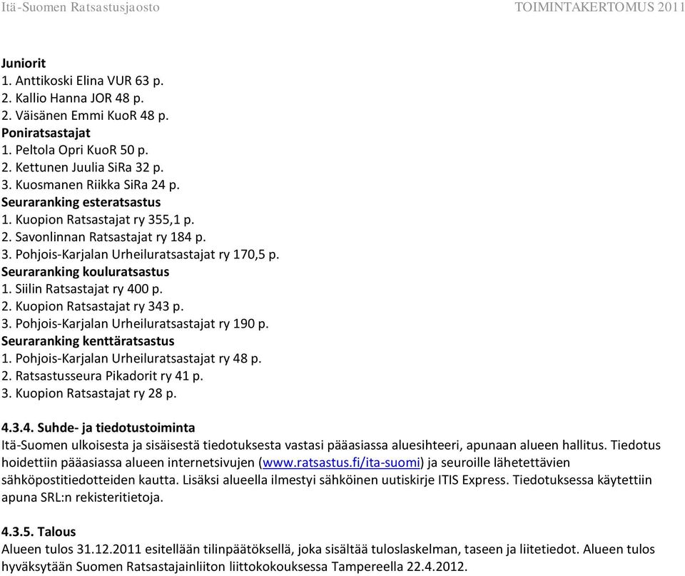 Siilin Ratsastajat ry 400 p. 2. Kuopion Ratsastajat ry 343 p. 3. Pohjois-Karjalan Urheiluratsastajat ry 190 p. Seuraranking kenttäratsastus 1. Pohjois-Karjalan Urheiluratsastajat ry 48 p. 2. Ratsastusseura Pikadorit ry 41 p.