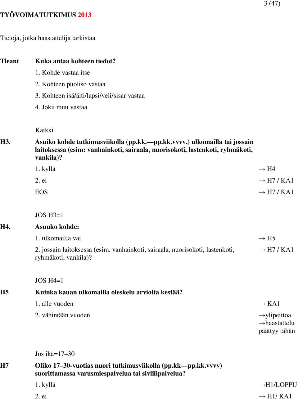 kyllä H4 H7 / KA1 H7 / KA1 JOS H3=1 H4. Asuuko kohde: 1. ulkomailla vai H5 2. jossain laitoksessa (esim. vanhainkoti, sairaala, nuorisokoti, lastenkoti, ryhmäkoti, vankila)?