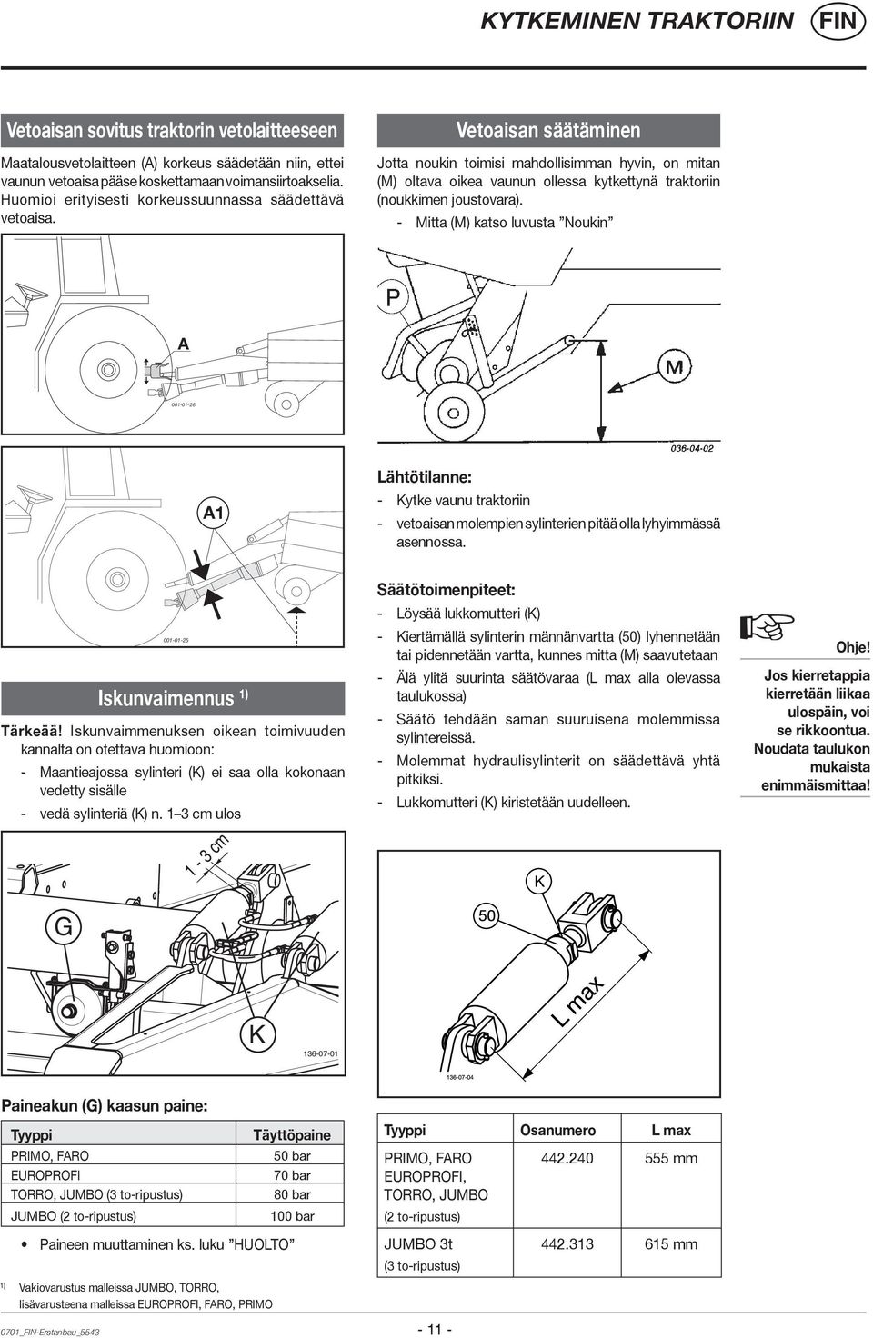 Vetoaisan säätäminen Jotta noukin toimisi mahdollisimman hyvin, on mitan (M) oltava oikea vaunun ollessa kytkettynä traktoriin (noukkimen joustovara).