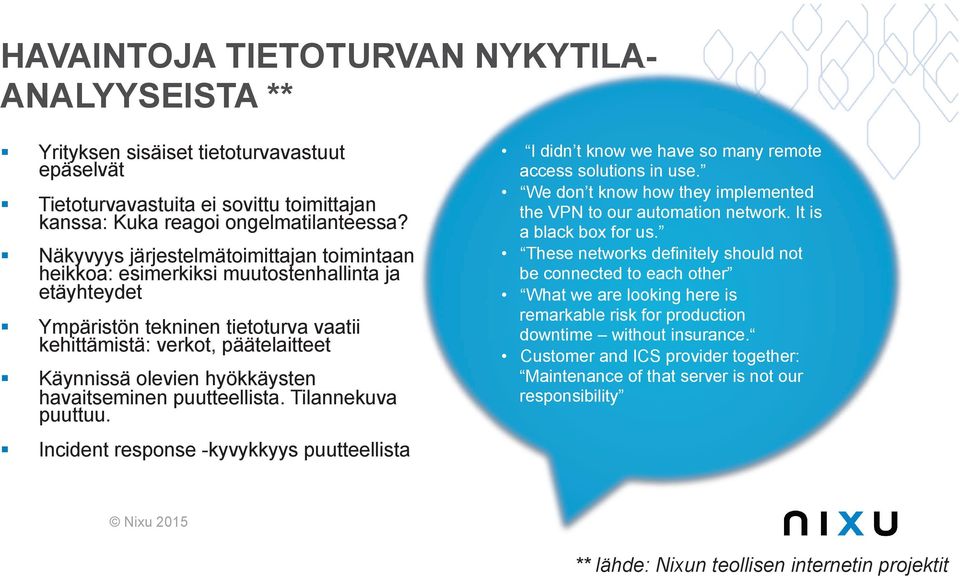 Käynnissä olevien hyökkäysten havaitseminen puutteellista. Tilannekuva puuttuu.! Incident response -kyvykkyys puutteellista I didn t know we have so many remote access solutions in use.