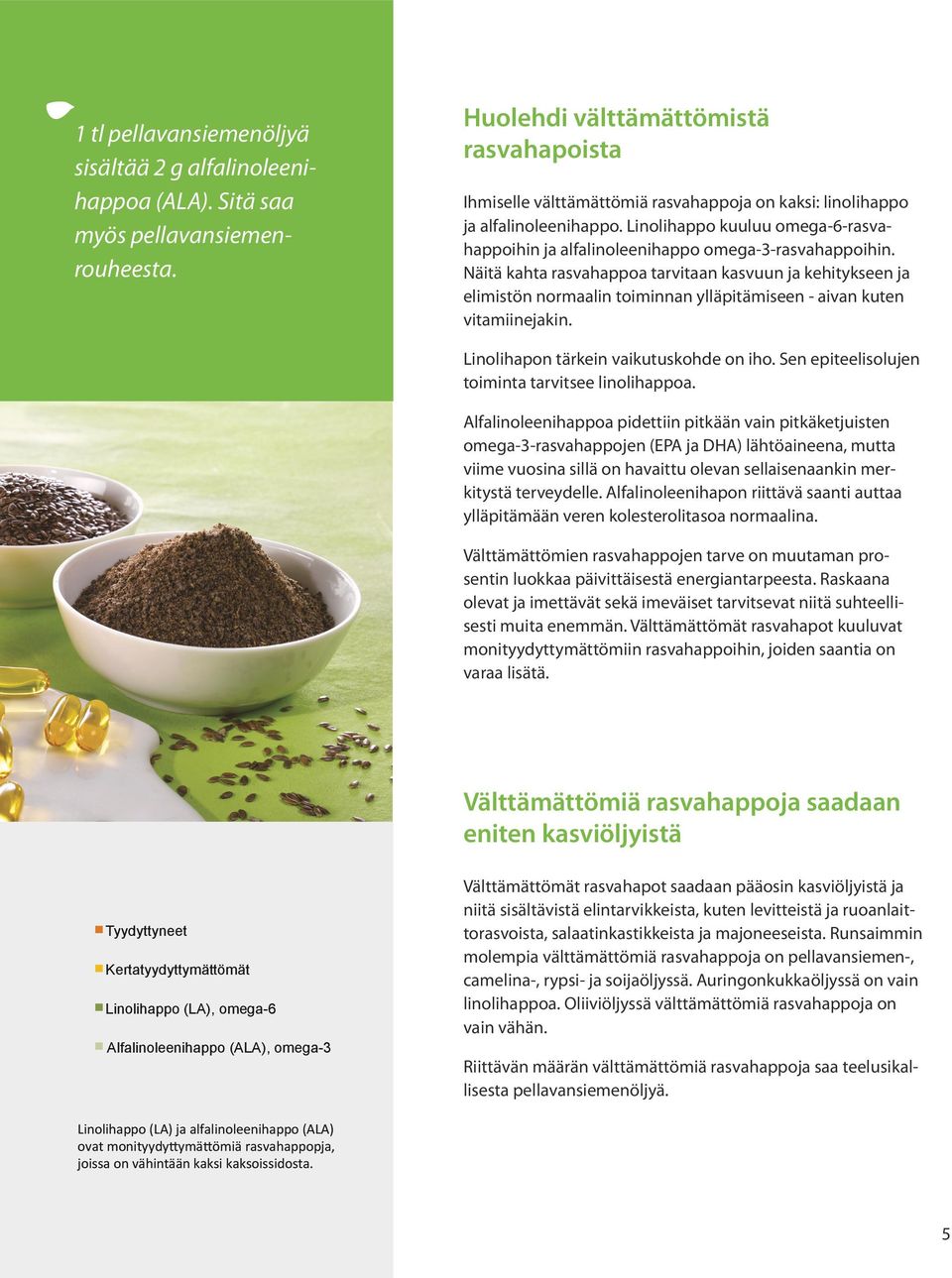 Linolihappo kuuluu omega-6-rasvahappoihin ja alfalinoleenihappo omega-3-rasvahappoihin.