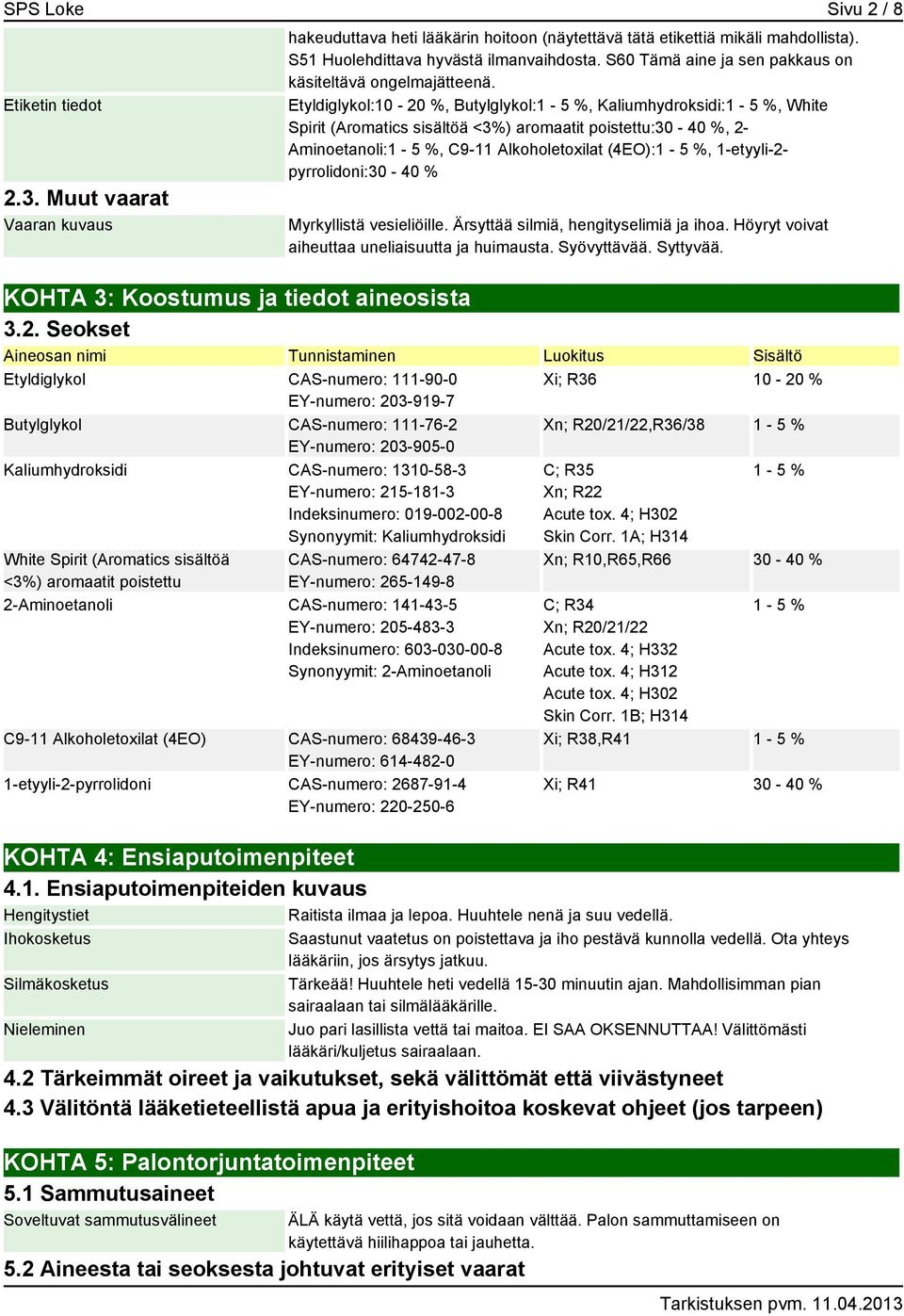 Etyldiglykol:10-20 %, Butylglykol:1-5 %, Kaliumhydroksidi:1-5 %, White Spirit (Aromatics sisältöä <3%) aromaatit poistettu:30-40 %, 2- Aminoetanoli:1-5 %, C9-11 Alkoholetoxilat (4EO):1-5 %,