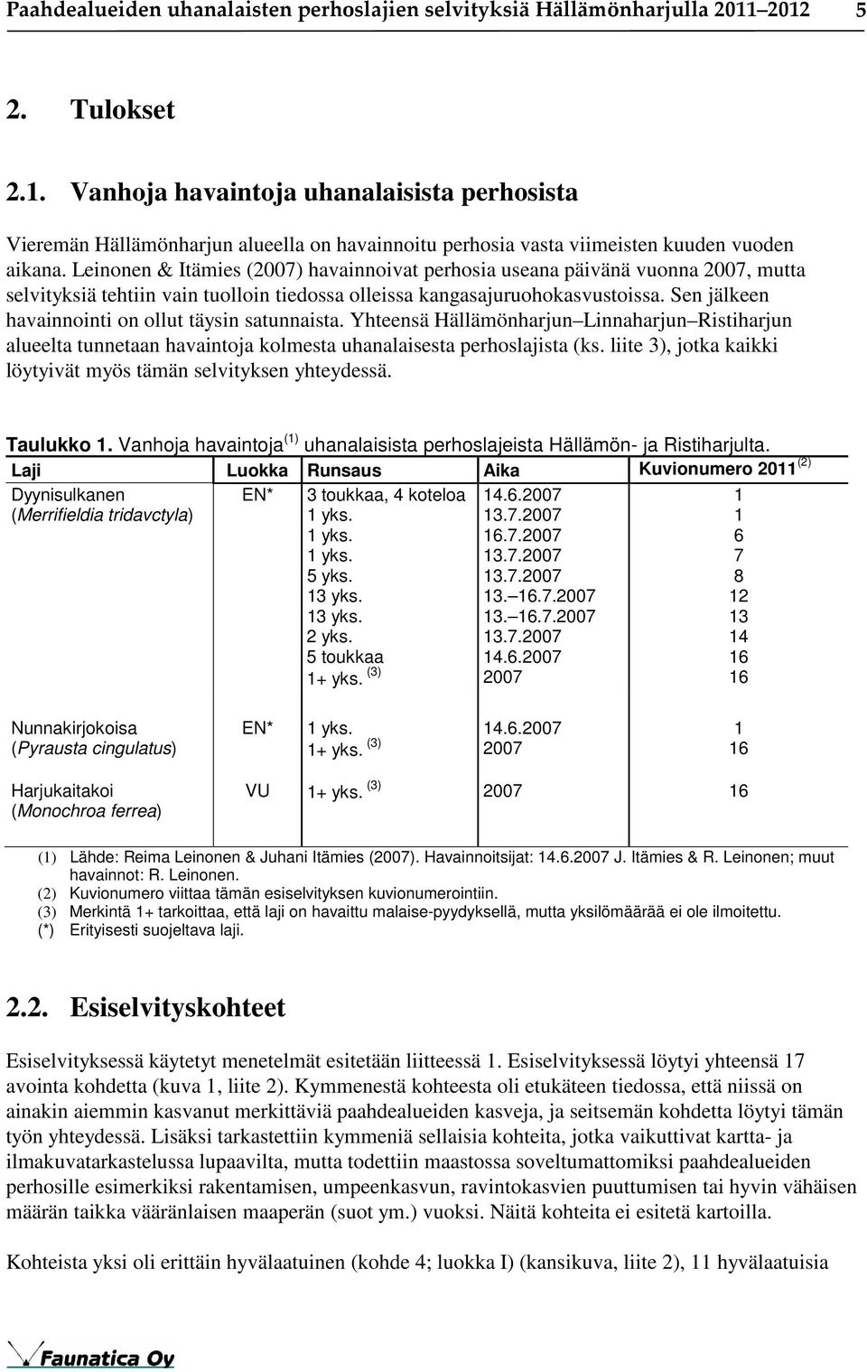 Leinonen & Itämies (2007) havainnoivat perhosia useana päivänä vuonna 2007, mutta selvityksiä tehtiin vain tuolloin tiedossa olleissa kangasajuruohokasvustoissa.