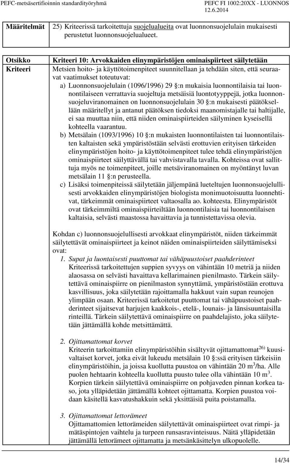 (1096/1996) 29 :n mukaisia luonnontilaisia tai luonnontilaiseen verrattavia suojeltuja metsäisiä luontotyyppejä, jotka luonnonsuojeluviranomainen on luonnonsuojelulain 30 :n mukaisesti päätöksellään