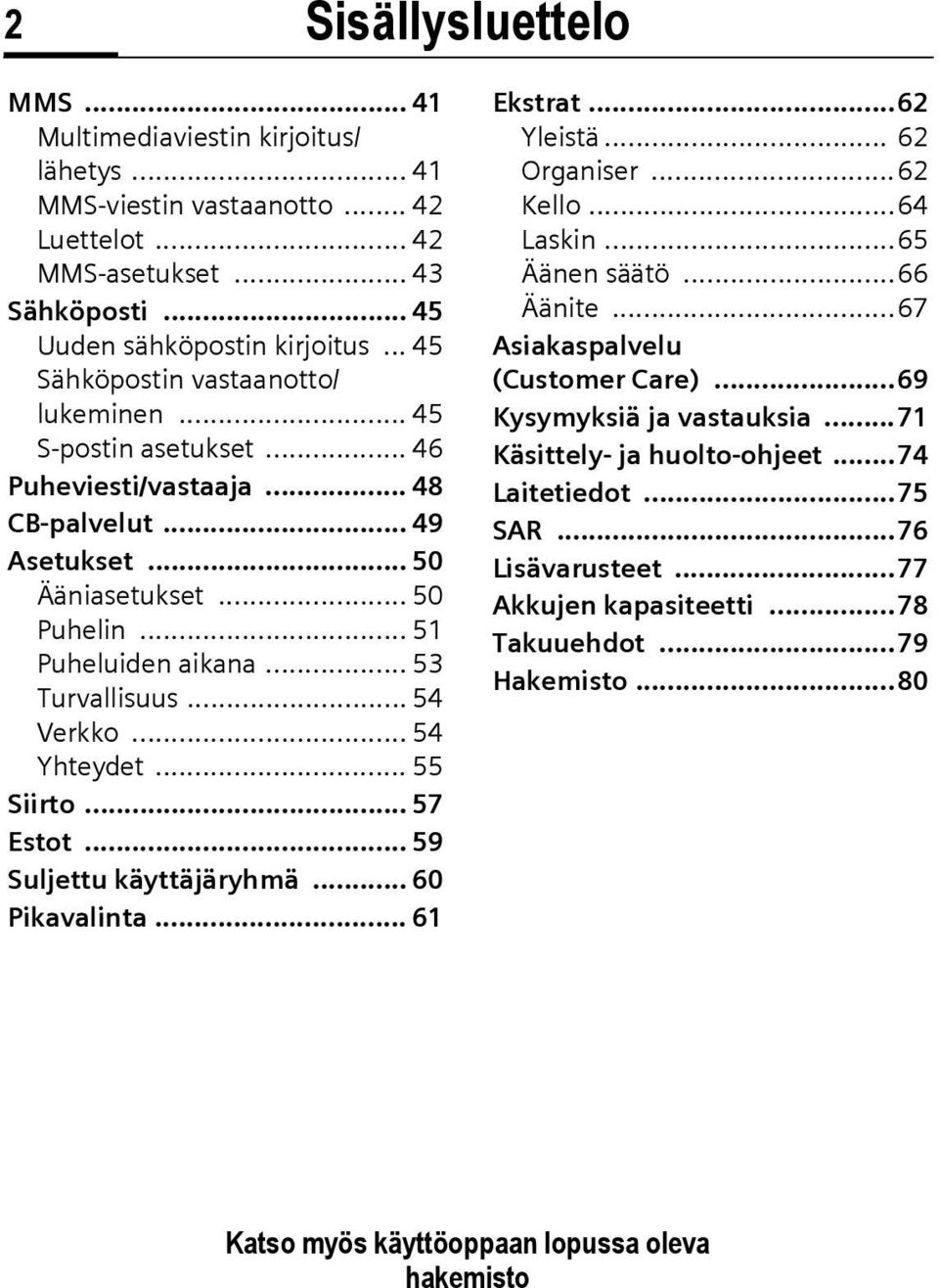 .. 53 Turvallisuus... 54 Verkko... 54 Yhteydet... 55 Siirto... 57 Estot... 59 Suljettu käyttäjäryhmä... 60 Pikavalinta... 61 Ekstrat...62 Yleistä... 62 Organiser...62 Kello...64 Laskin...65 Äänen säätö.