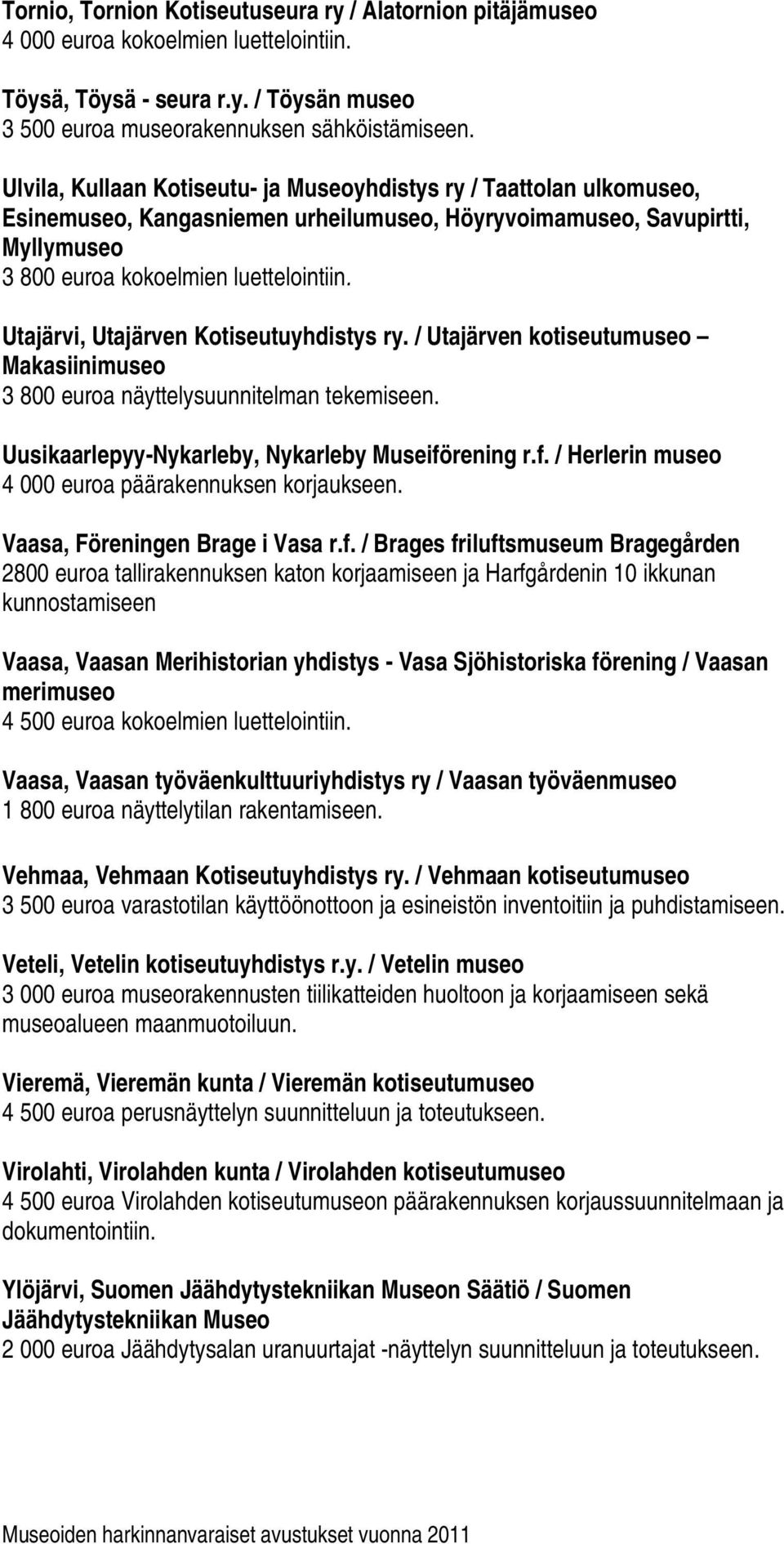 Utajärvi, Utajärven Kotiseutuyhdistys ry. / Utajärven kotiseutumuseo Makasiinimuseo 3 800 euroa näyttelysuunnitelman tekemiseen. Uusikaarlepyy-Nykarleby, Nykarleby Museifö