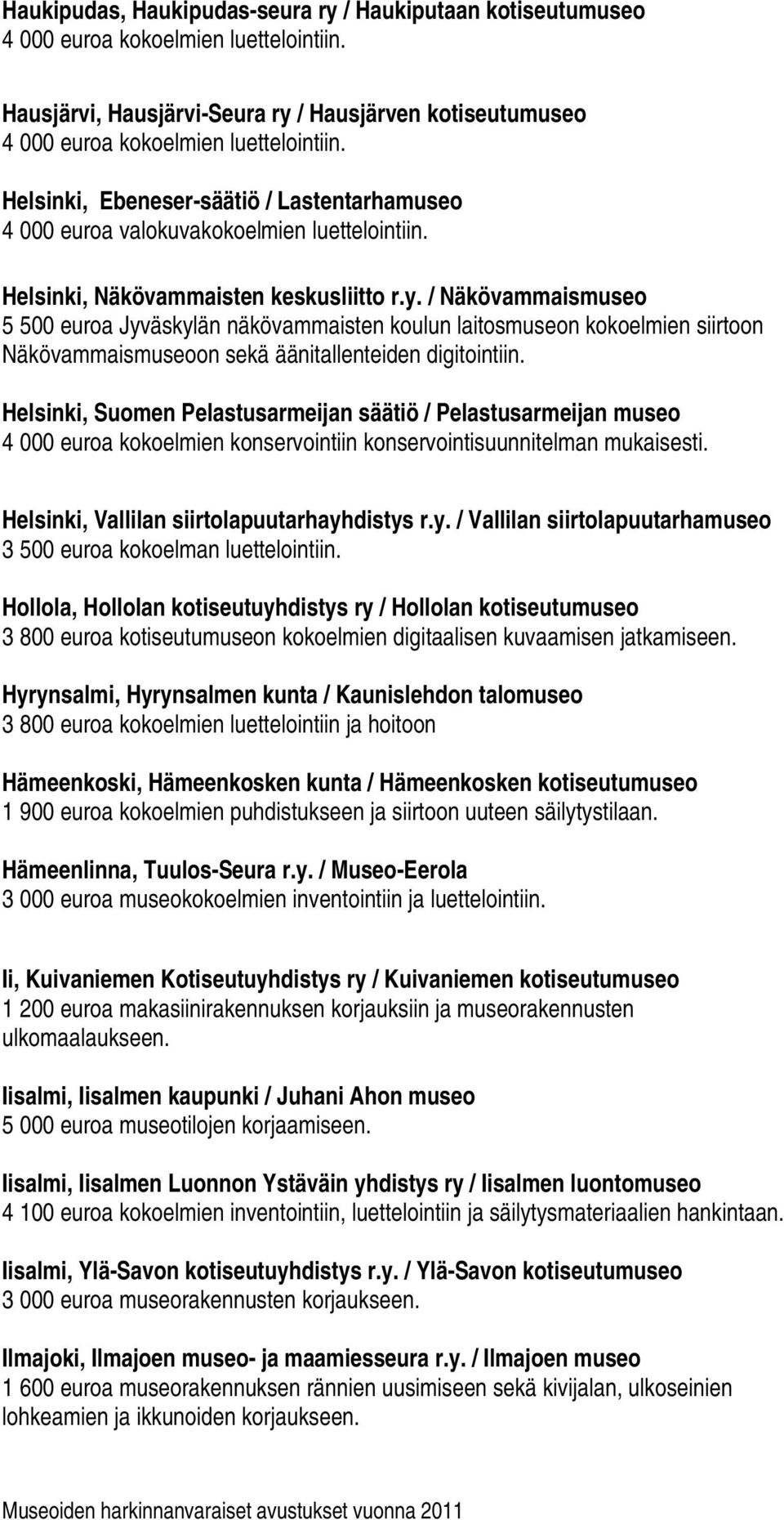 / Näkövammaismuseo 5 500 euroa Jyväskylän näkövammaisten koulun laitosmuseon kokoelmien siirtoon Näkövammaismuseoon sekä äänitallenteiden digitointiin.