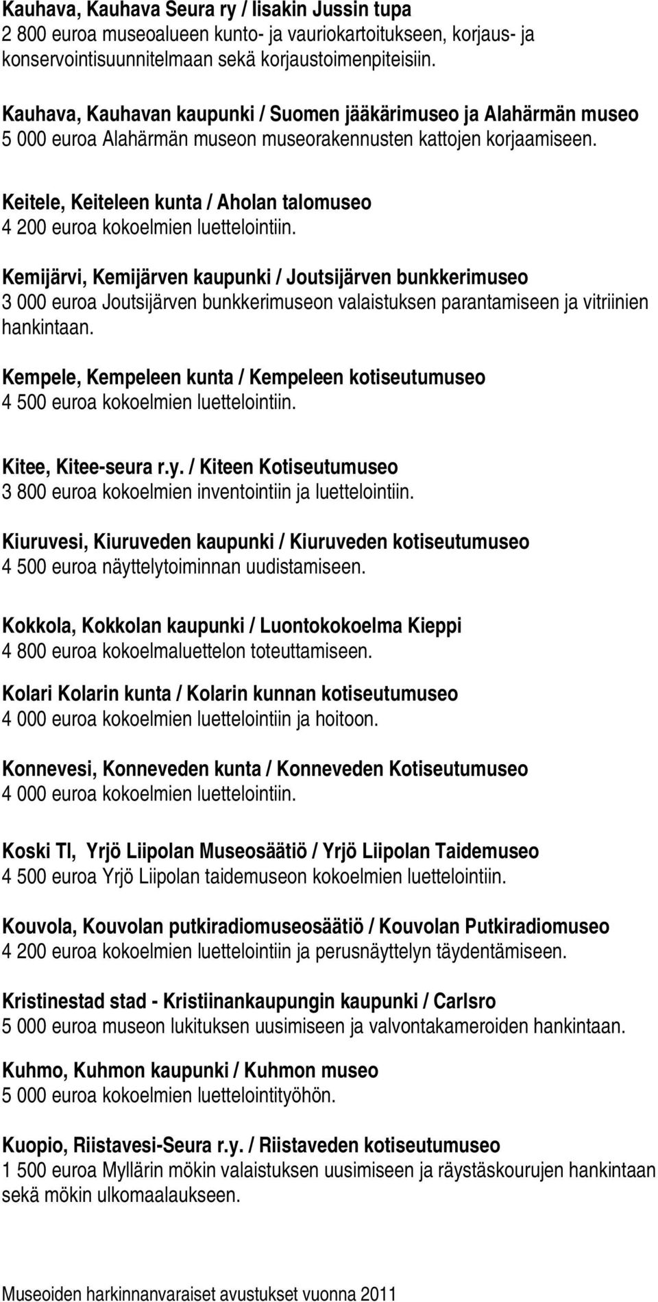 Keitele, Keiteleen kunta / Aholan talomuseo 4 200 euroa kokoelmien luettelointiin.