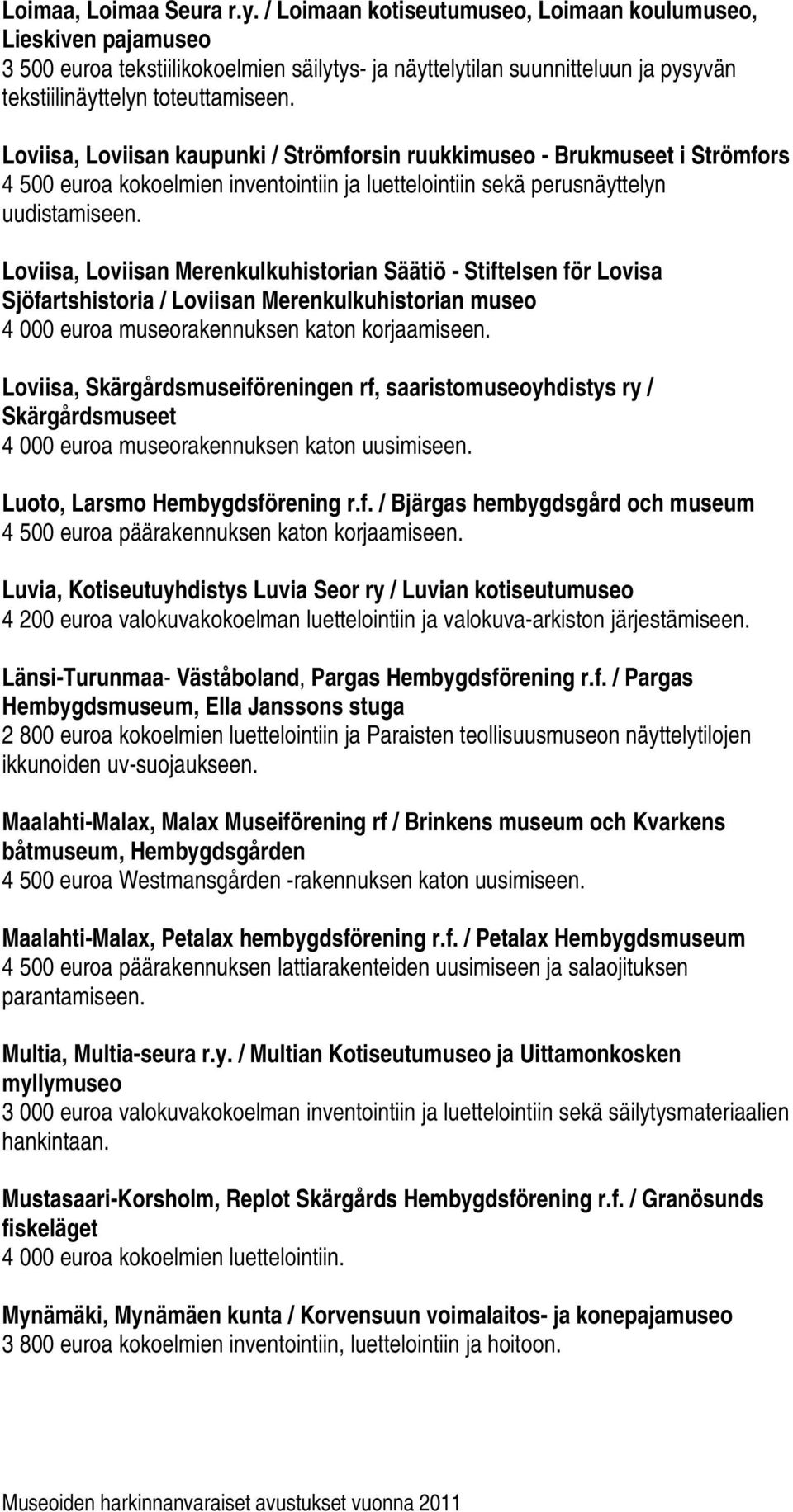 Loviisa, Loviisan kaupunki / Strömforsin ruukkimuseo - Brukmuseet i Strömfors 4 500 euroa kokoelmien inventointiin ja luettelointiin sekä perusnäyttelyn uudistamiseen.