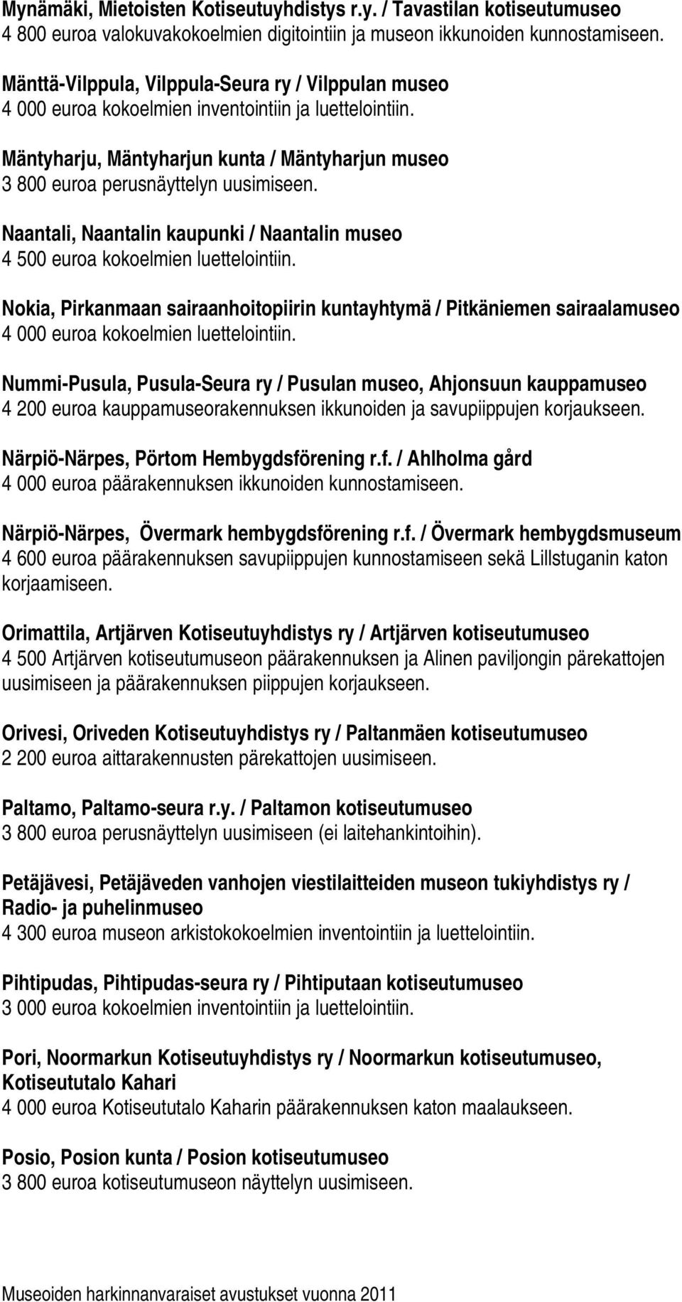 Naantali, Naantalin kaupunki / Naantalin museo 4 500 euroa kokoelmien luettelointiin.