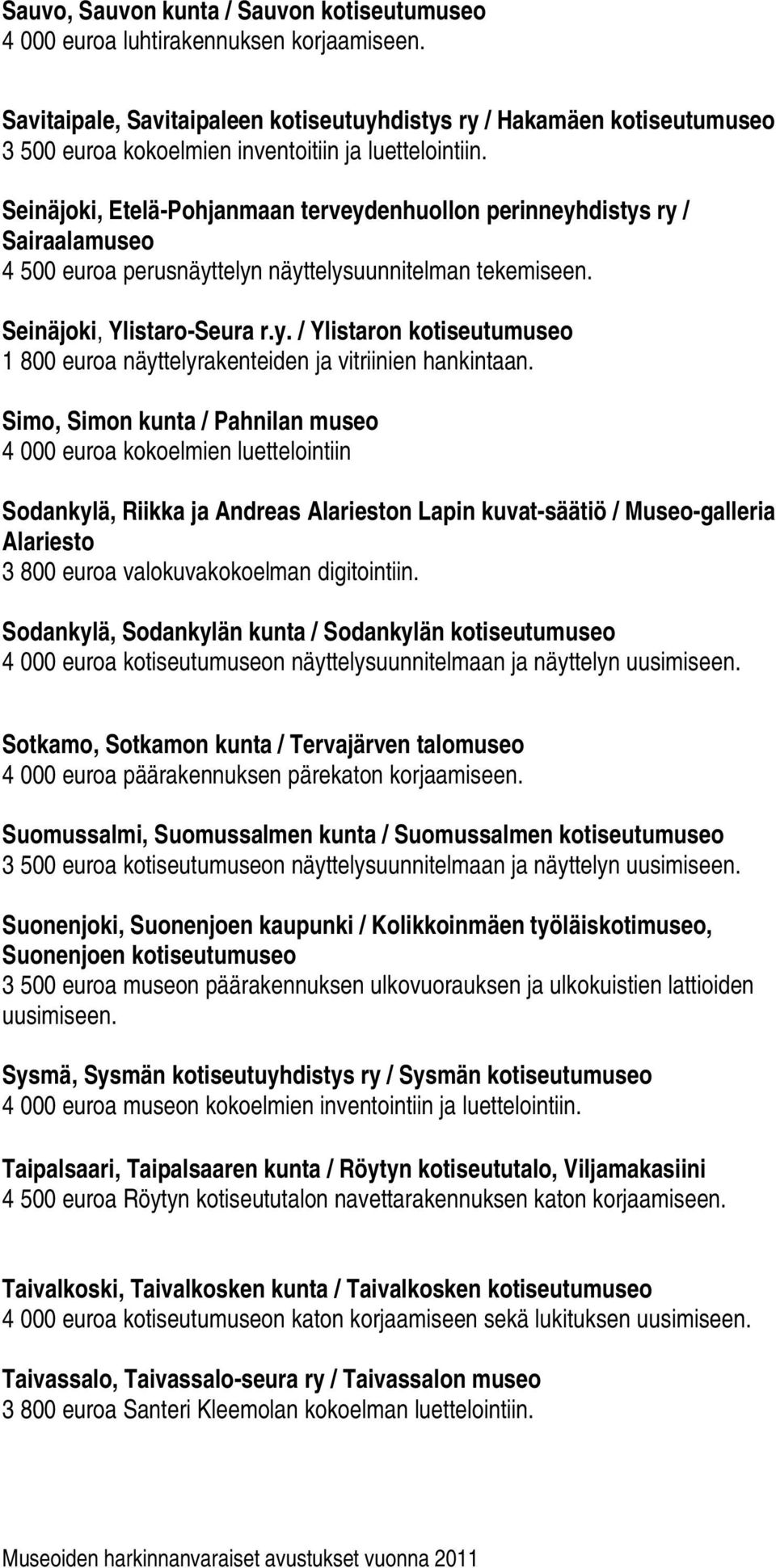 Seinäjoki, Etelä-Pohjanmaan terveydenhuollon perinneyhdistys ry / Sairaalamuseo 4 500 euroa perusnäyttelyn näyttelysuunnitelman tekemiseen. Seinäjoki, Ylistaro-Seura r.y. / Ylistaron kotiseutumuseo 1 800 euroa näyttelyrakenteiden ja vitriinien hankintaan.