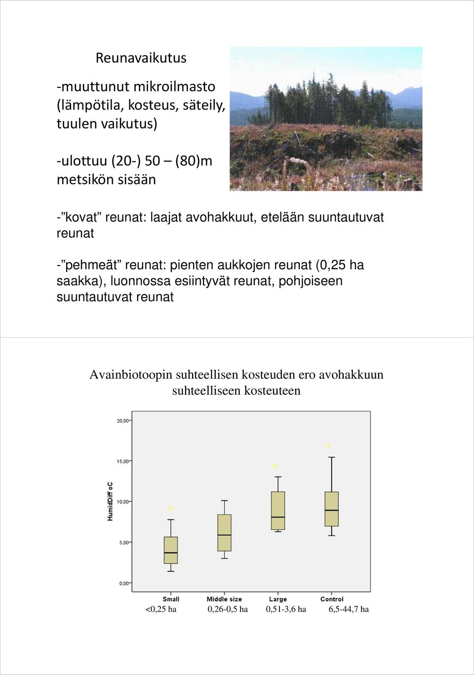 aukkojen reunat (0,25 ha saakka), luonnossa esiintyvät reunat, pohjoiseen suuntautuvat reunat