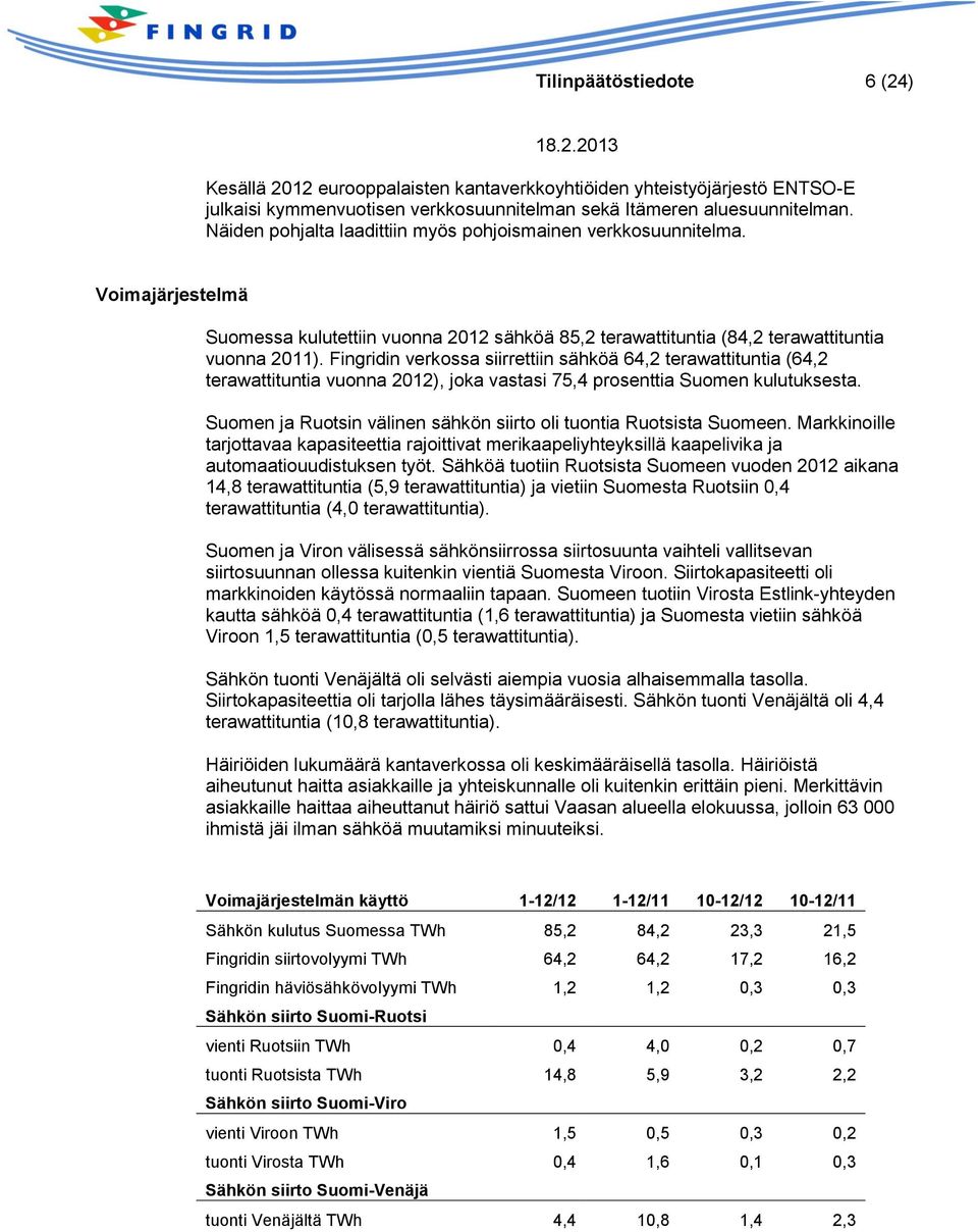 Fingridin verkossa siirrettiin sähköä 64,2 terawattituntia (64,2 terawattituntia vuonna 2012), joka vastasi 75,4 prosenttia Suomen kulutuksesta.