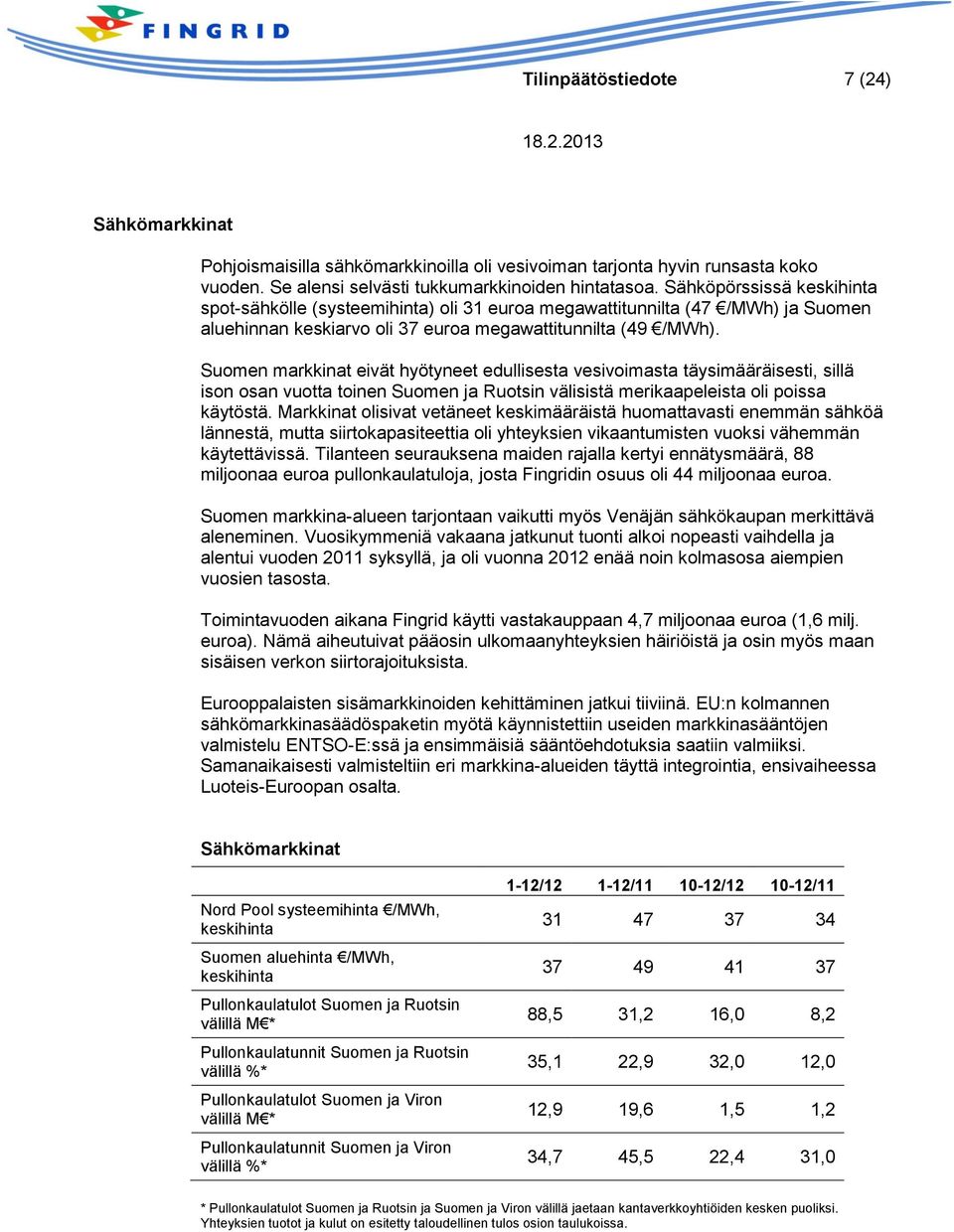 Suomen markkinat eivät hyötyneet edullisesta vesivoimasta täysimääräisesti, sillä ison osan vuotta toinen Suomen ja Ruotsin välisistä merikaapeleista oli poissa käytöstä.