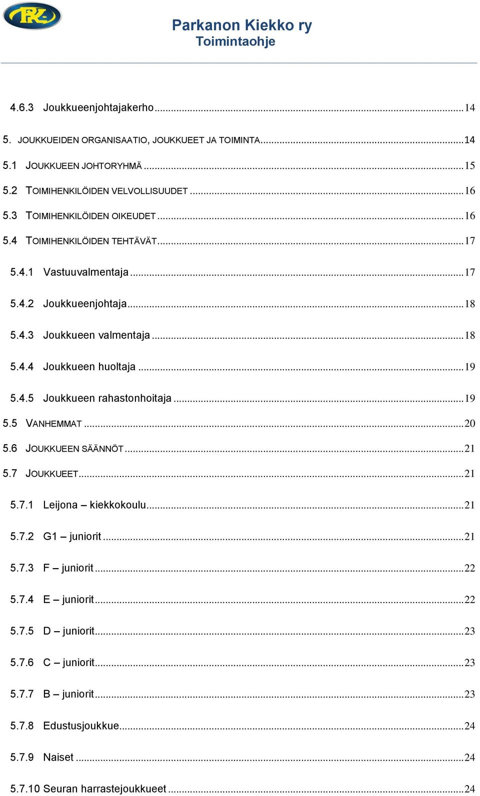 .. 19 5.4.5 Joukkueen rahastonhoitaja... 19 5.5 VANHEMMAT... 20 5.6 JOUKKUEEN SÄÄNNÖT... 21 5.7 JOUKKUEET... 21 5.7.1 Leijona kiekkokoulu... 21 5.7.2 G1 juniorit... 21 5.7.3 F juniorit.
