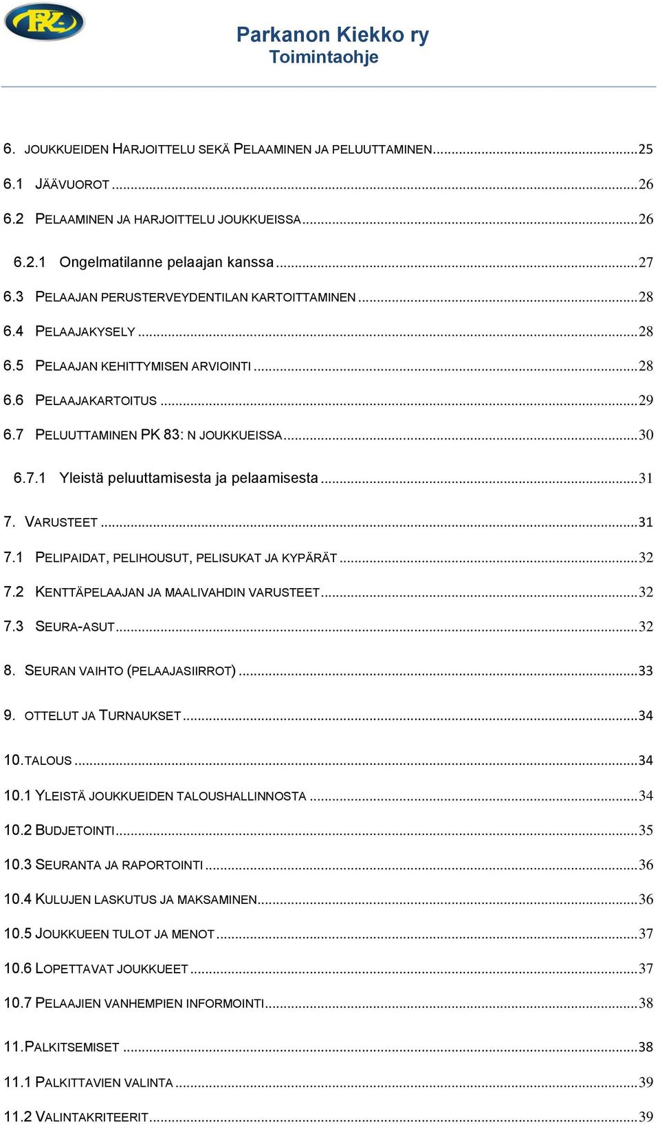 .. 31 7. VARUSTEET... 31 7.1 PELIPAIDAT, PELIHOUSUT, PELISUKAT JA KYPÄRÄT... 32 7.2 KENTTÄPELAAJAN JA MAALIVAHDIN VARUSTEET... 32 7.3 SEURA-ASUT... 32 8. SEURAN VAIHTO (PELAAJASIIRROT)... 33 9.