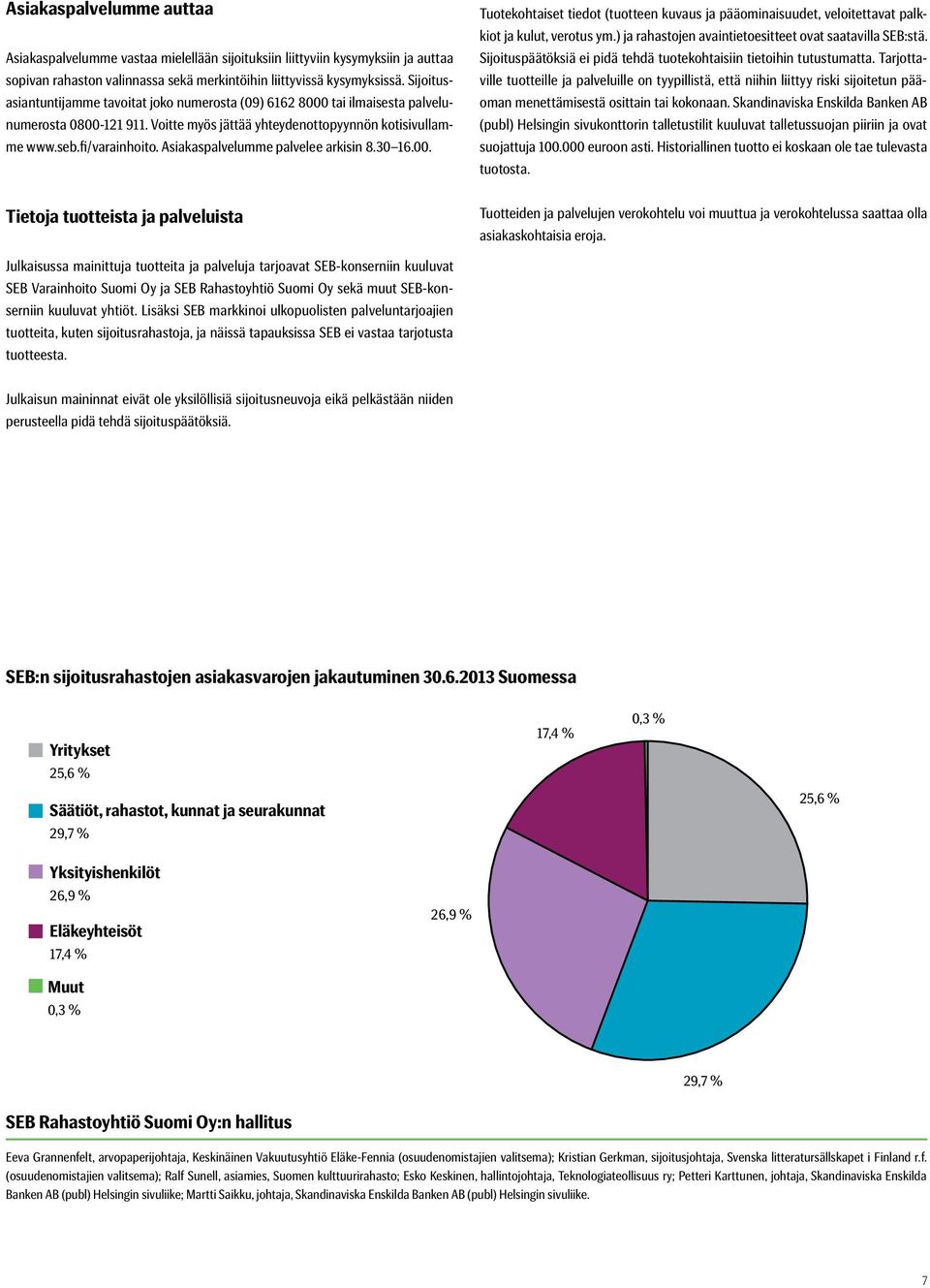 Asiakas palvelumme palvelee arkisin 8.30 16.00. Tietoja tuotteista ja palveluista Tuotekohtaiset tiedot (tuotteen kuvaus ja pääominaisuudet, veloitettavat palkkiot ja kulut, verotus ym.