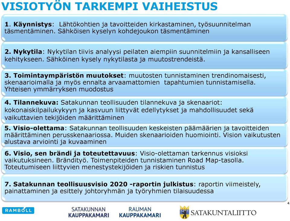 Toimintaympäristön muutokset: muutosten tunnistaminen trendinomaisesti, skenaarioimalla ja myös ennalta arvaamattomien tapahtumien tunnistamisella. Yhteisen ymmärryksen muodostus 4.